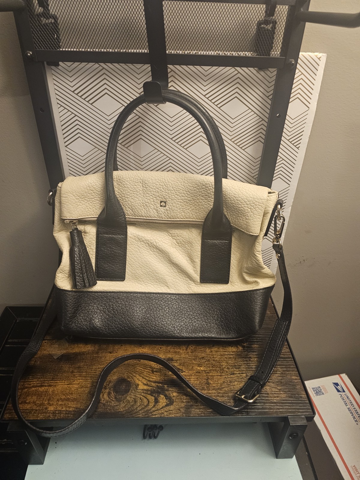 kate spade new york Black/Ivory Pebbled Satchel Striped Lining Tassel Strap