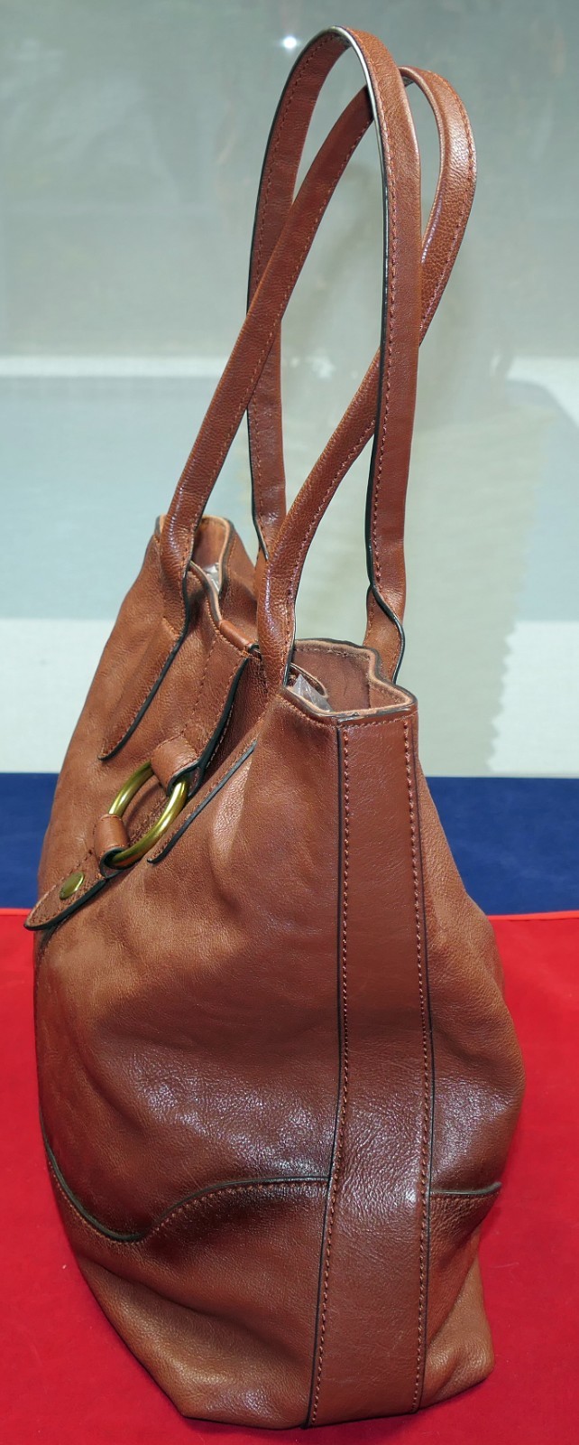FRYE COGNAC LEATHER DUAL-HANDLE MAGNETIC-CLOSURE FABRIC LINED BRASS~TRIM BAG