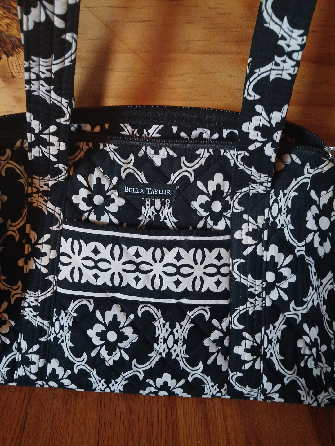 BELLA TAYLOR QUILTED BLACK AND WHITE DOUBLE HANDLE PURSE BAG
