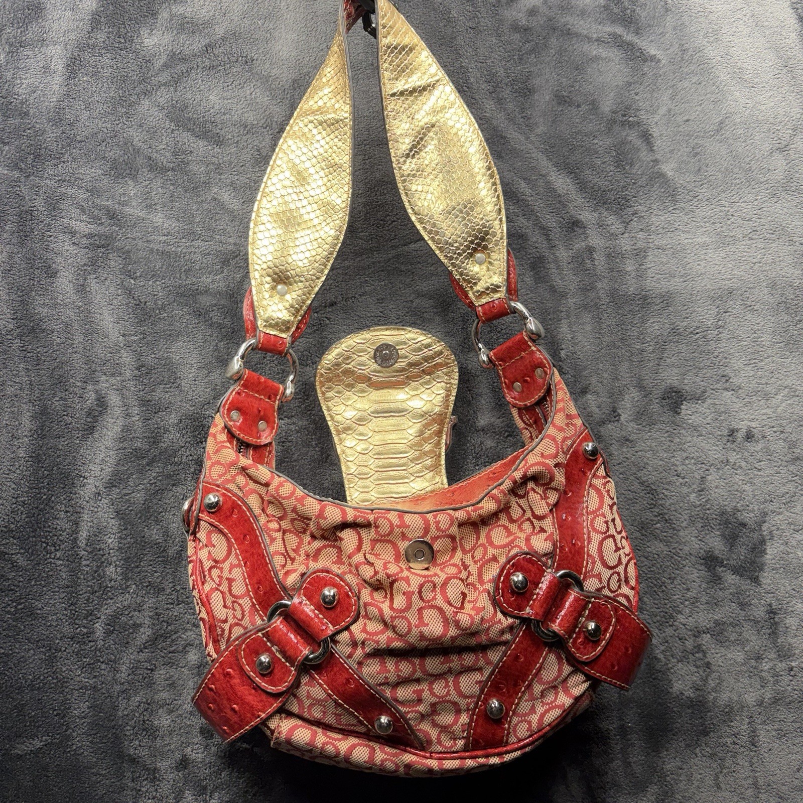 Guess Y2K Red Monogram Satchel Bag Faux Ostrich Trim Y2K Leopard Print RARE