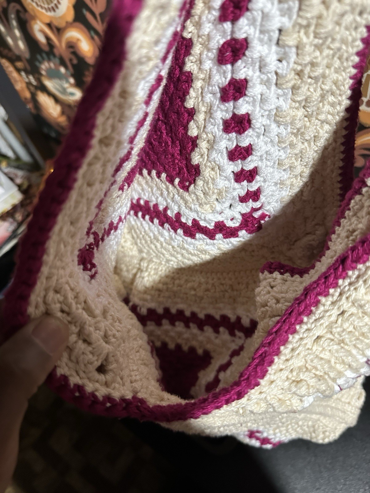 Handmade Crochet ￼Women’s Shoulder Bag Cream & Purple Striped