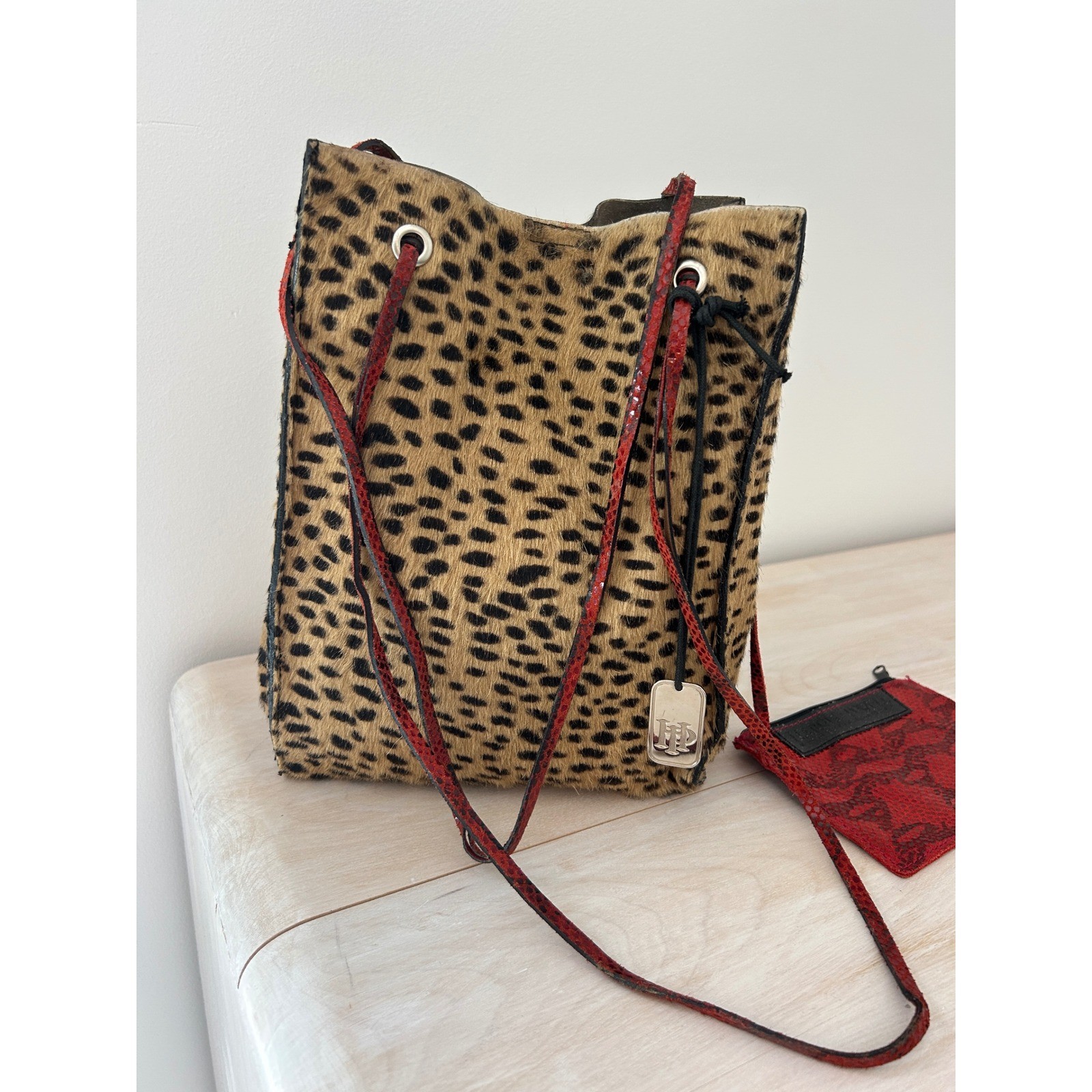 VTG Harold Powell Leopard Calf Hair Crossbody Bag Red Snakeskin Trim with Pouch