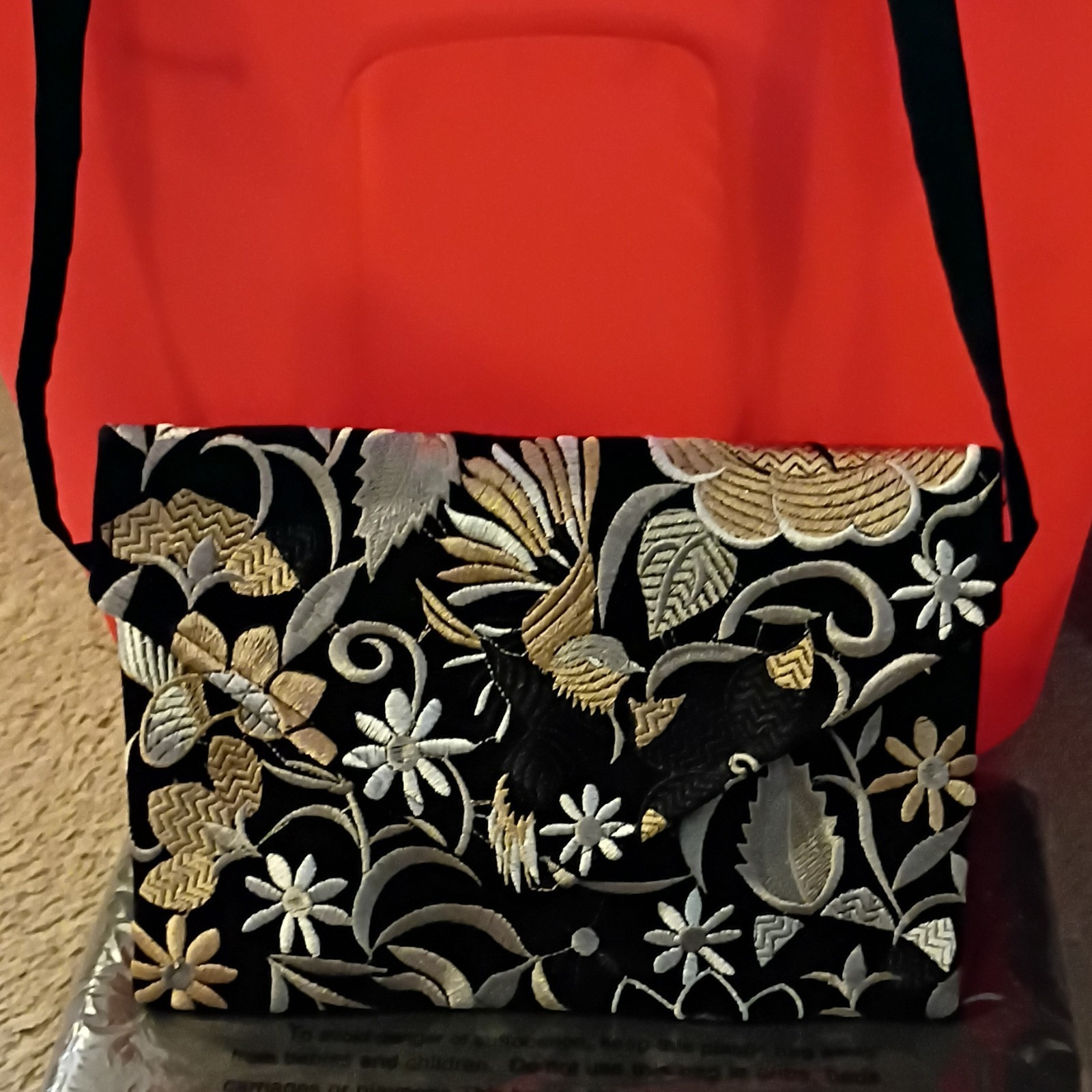 Black Floral Embroidered Small Shoulder Bag Clutch w/ Strap, Snap Closure