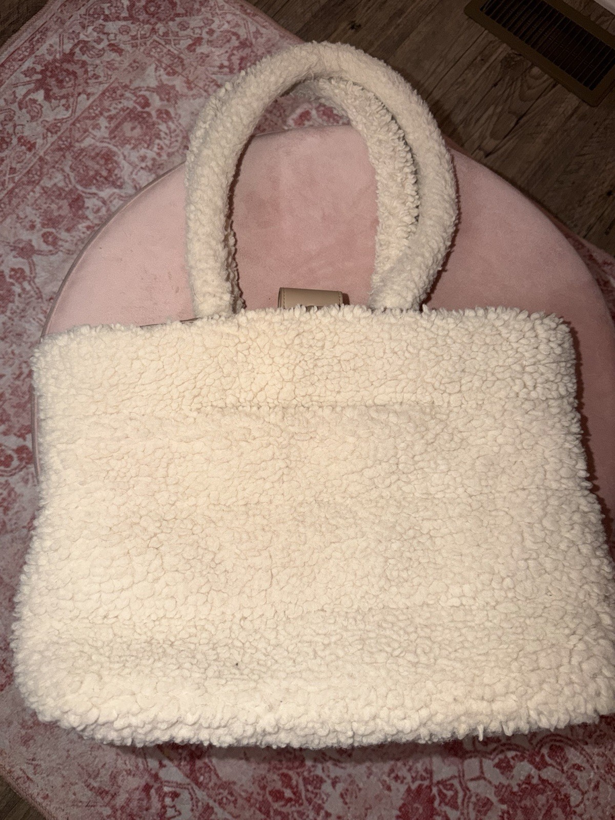 Universal Thread Cream Faux Fur Tote Top Handle Magnetic Closure Inner Pockets