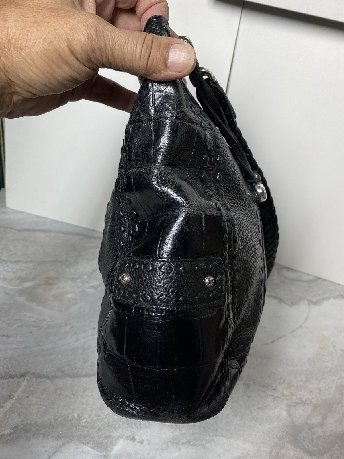 BRIGHTON COLLECTION BLACK LEATHER Whip Stitch HOBO HANDBAG Crocodile Pattern-FS!