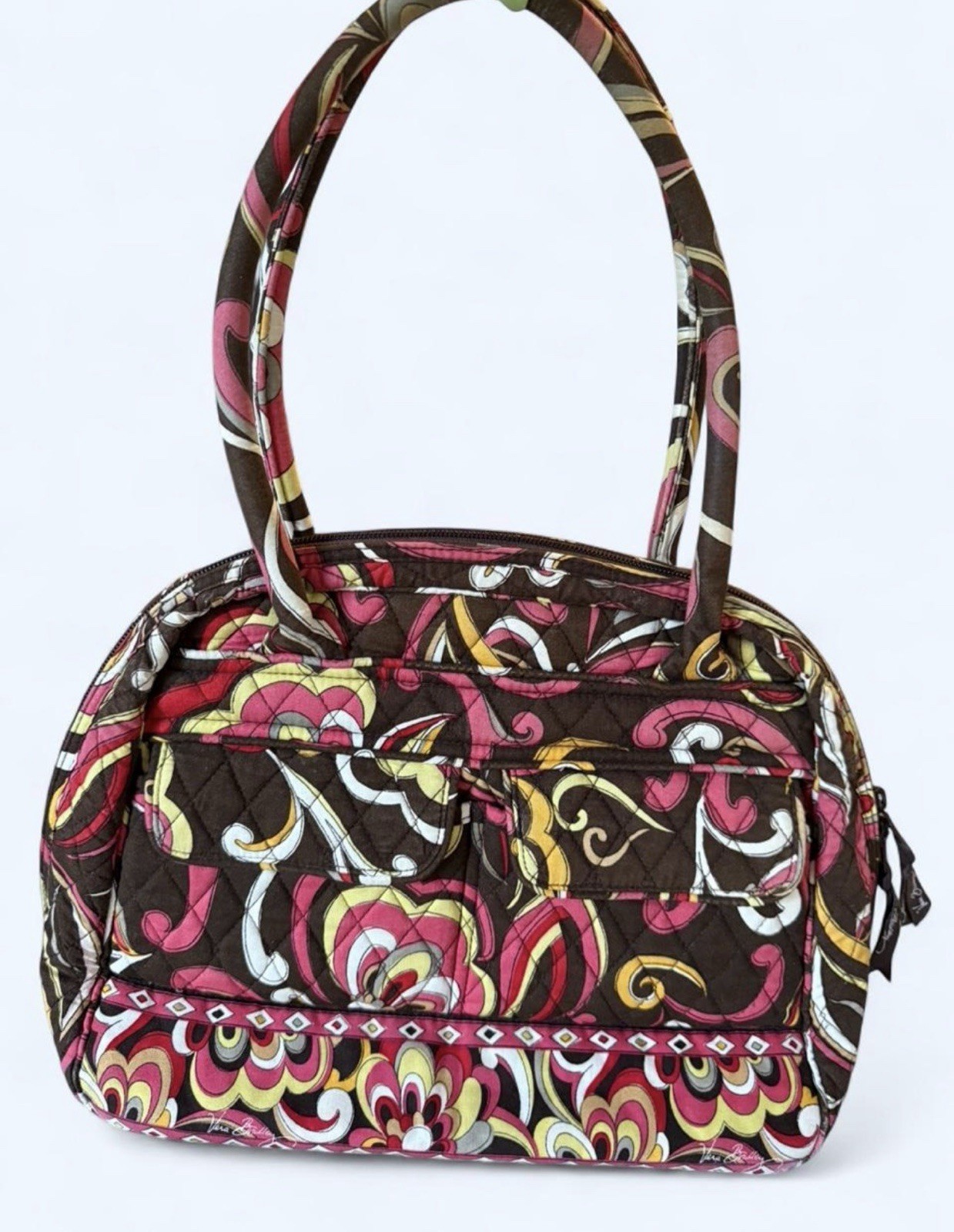 Vera Bradley English Rose Tote Bag Medium Brown Pink Floral Cotton Purse