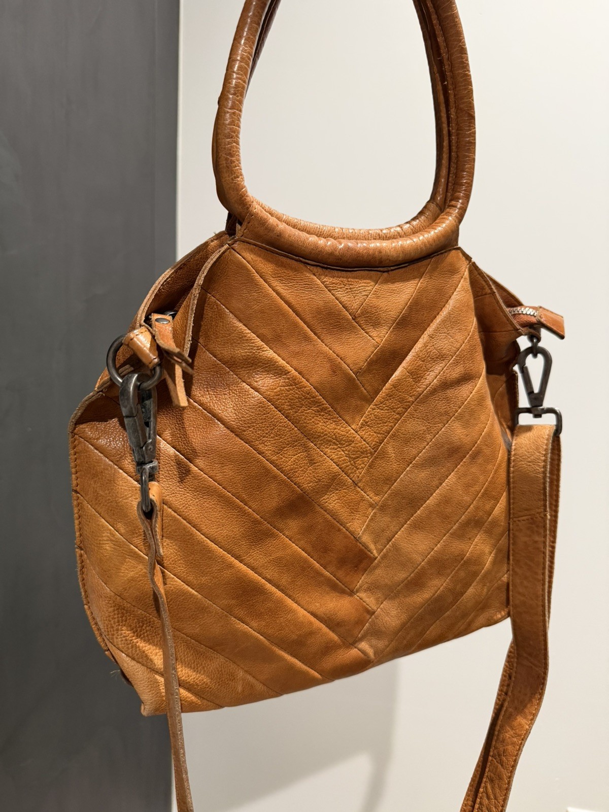 Latico Genuine Leather Satchel Crossbody Bag Cognac Brown Chevron Boho Purse