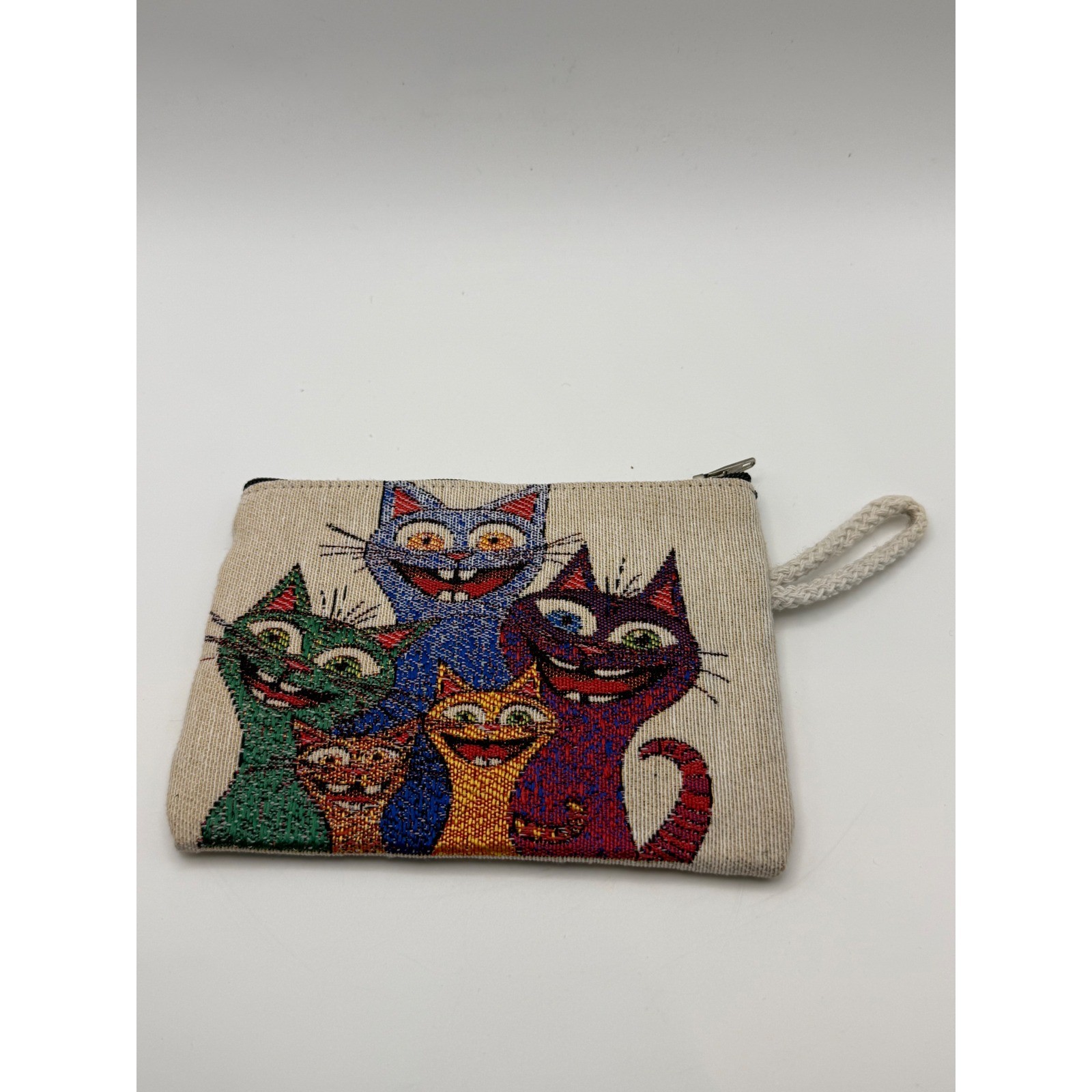 Tapestry Whimsical Cat Graphic Zip Pouch Wristlet Multicolor Coin Purse New