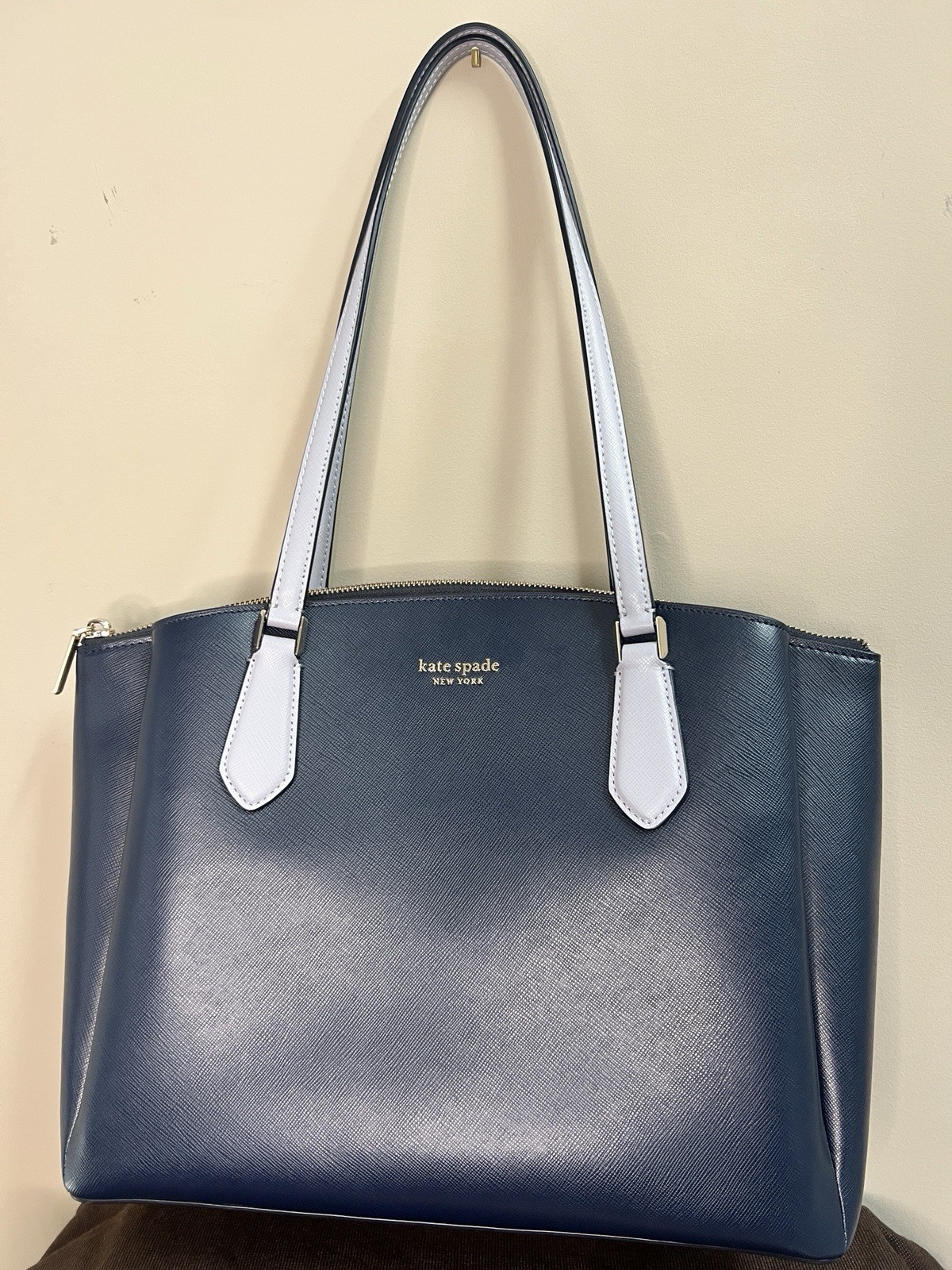 kate spade new york Blue Medium Tote, Zip Top, White Handles, Dust Bag, Gold