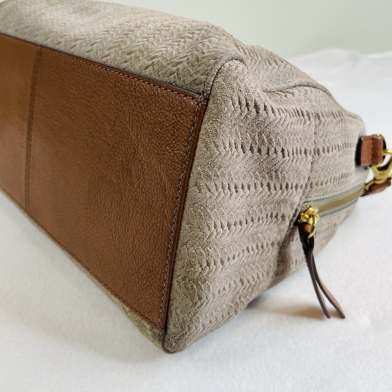 Fossil Fiona Satchel Bag Doctor Western Woven Cowhide Leather Suede Light Grey