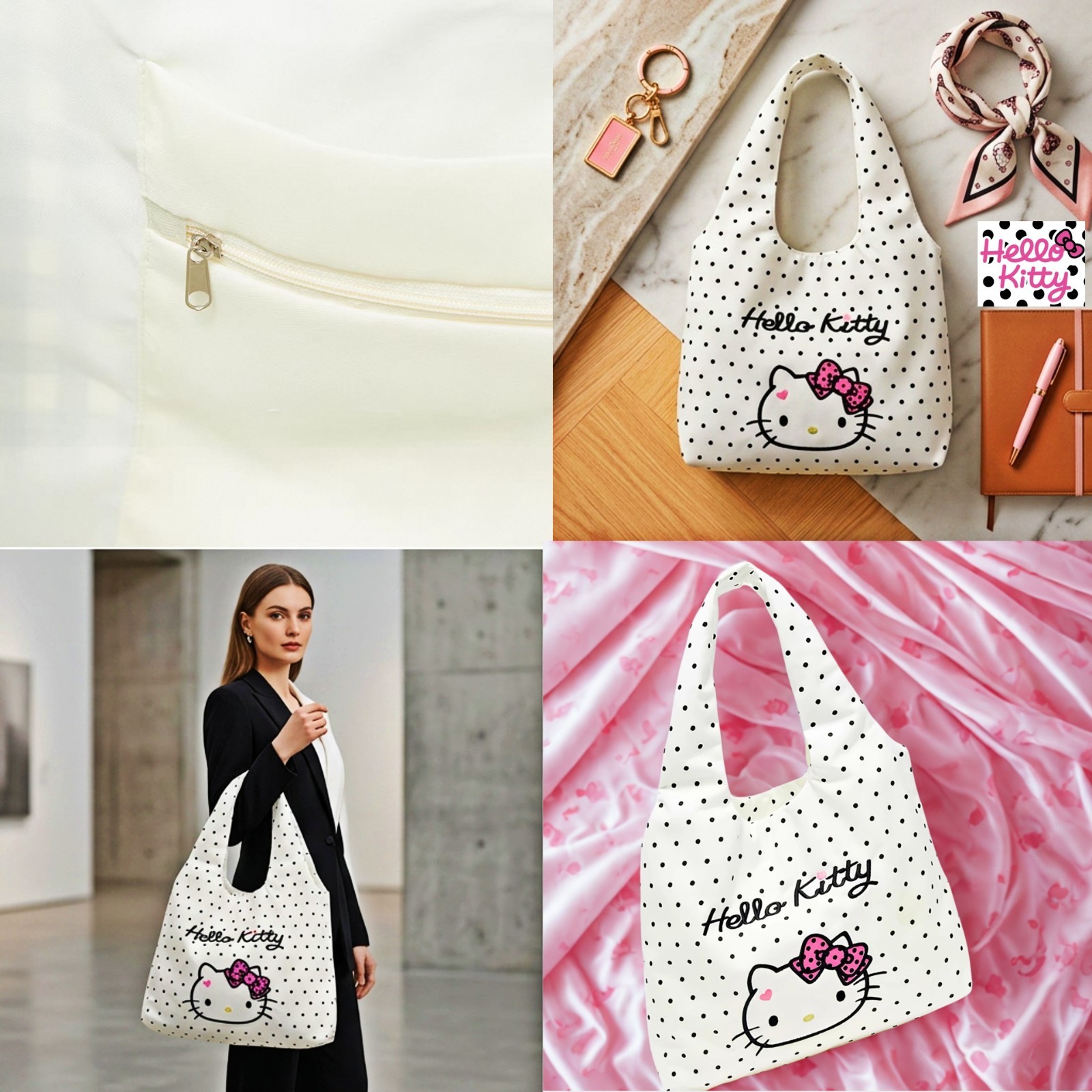 Sanrio Hello Kitty Polka Dot Tote Bag Authentic Embroidered Face Shoulder Bag