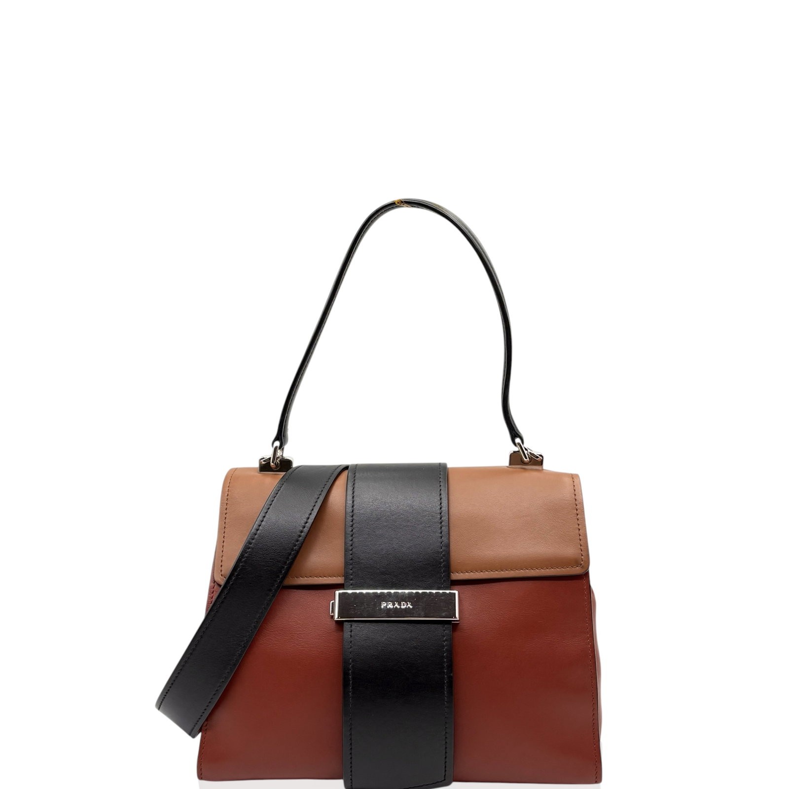 Prada Two Way Bag Brown Brick Red Black Calfskin (ws033026e5)