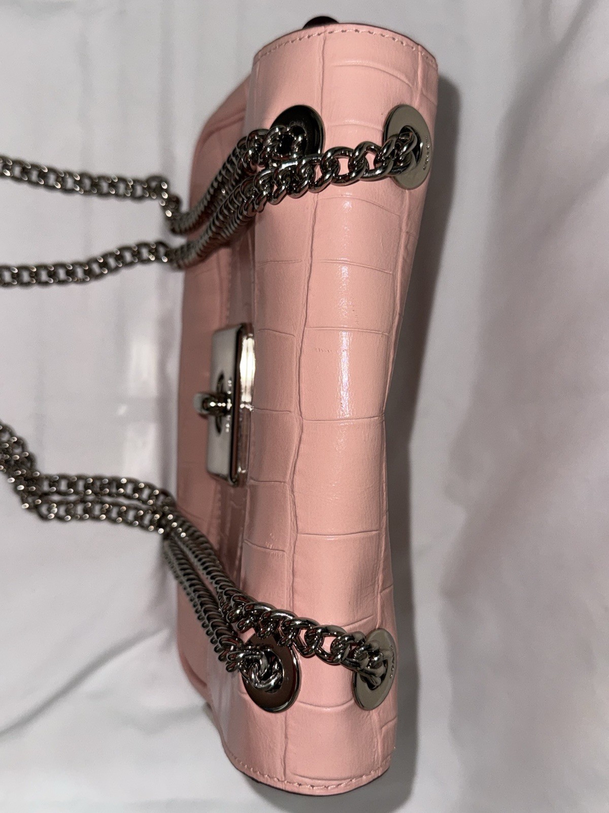 Coach Pink Hutton Croc Embossed Shoulder Bag Silver Chain Strap Turn Lock