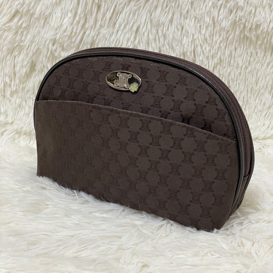 Celine Macadam Pattern Dome Pouch Dark Brown Used 80s Japan