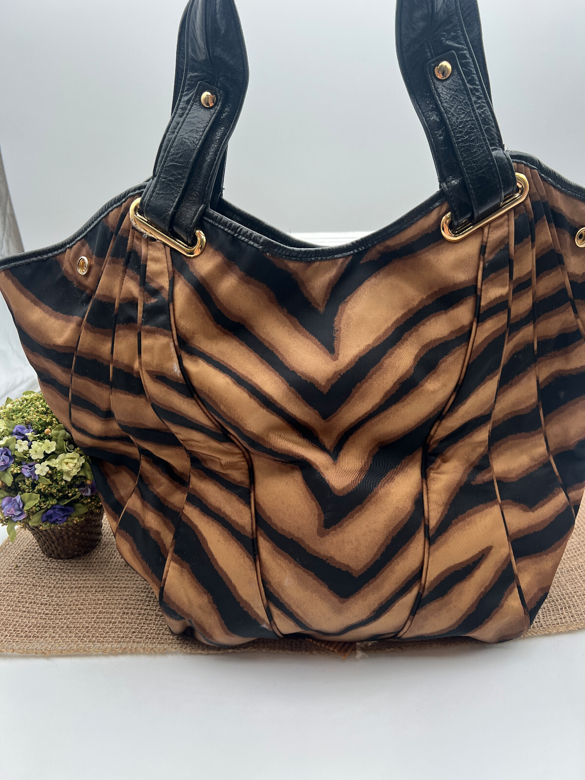Kooba Large Black Brown Striped Jackie Hobo Tiger Print Handbag