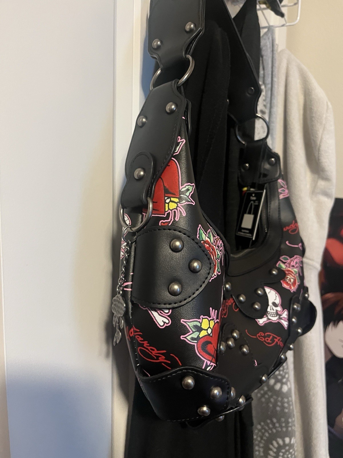 Ed Hardy Black Studded Crescent Shoulder Bag Skull Rose Pattern Zip Closure