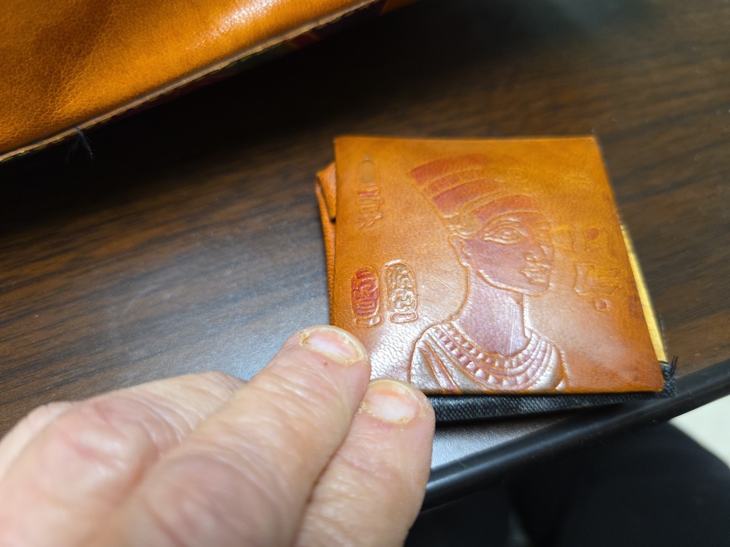 Handmade Egyptian Leather Bag Acient Hieroglyphs, Sm Change Purse, Embossed.