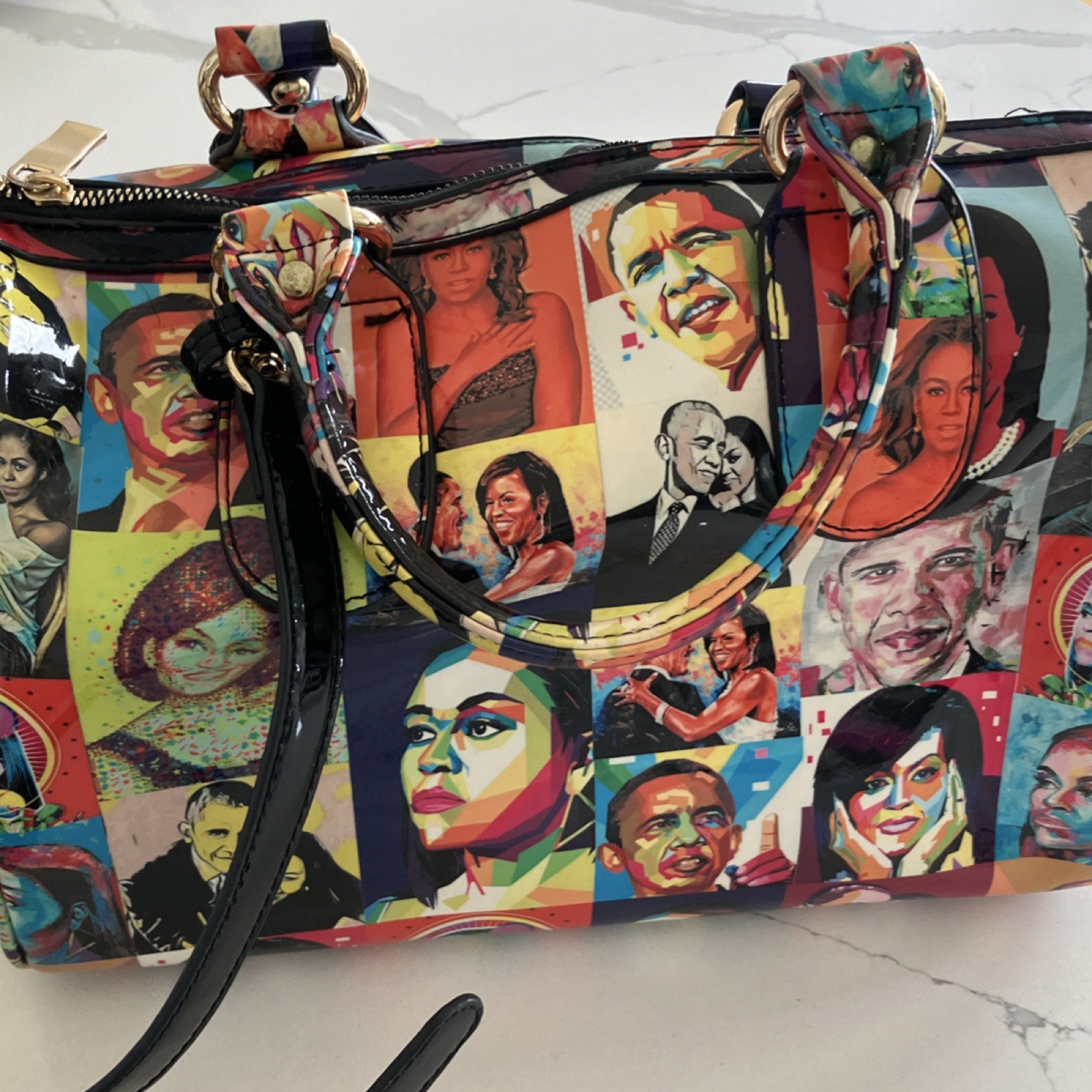 Multicolor Graphic Print Satchel with Gold Hardware & Top Handle for Women