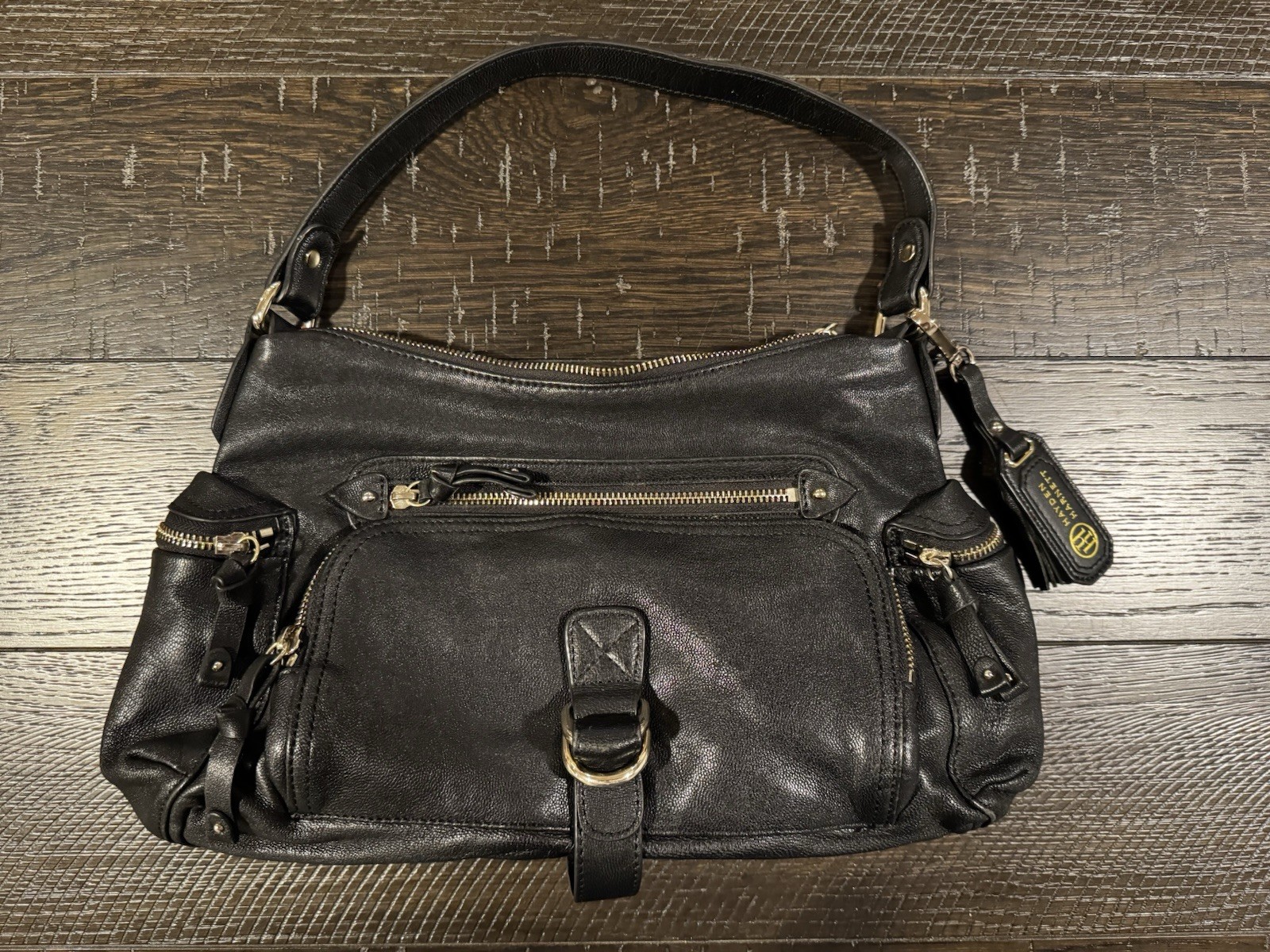 Hayden Harnett Women’s Black Leather Handbag Satchel Gold Hardware Logo
