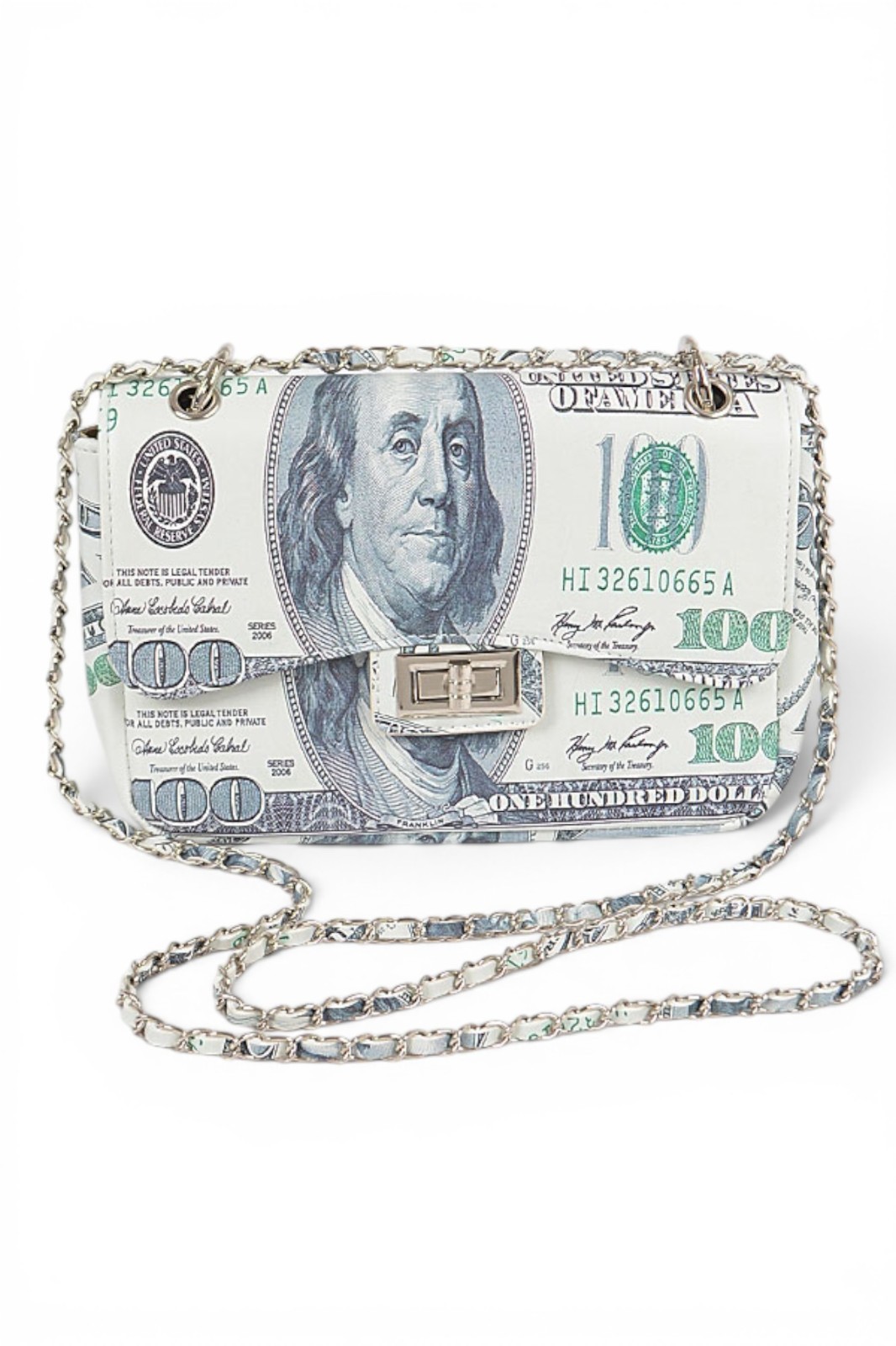 MONEY Novelty $100 Bill Printed Convertible Turn Lock Shoulder Bag Crossbody Bag