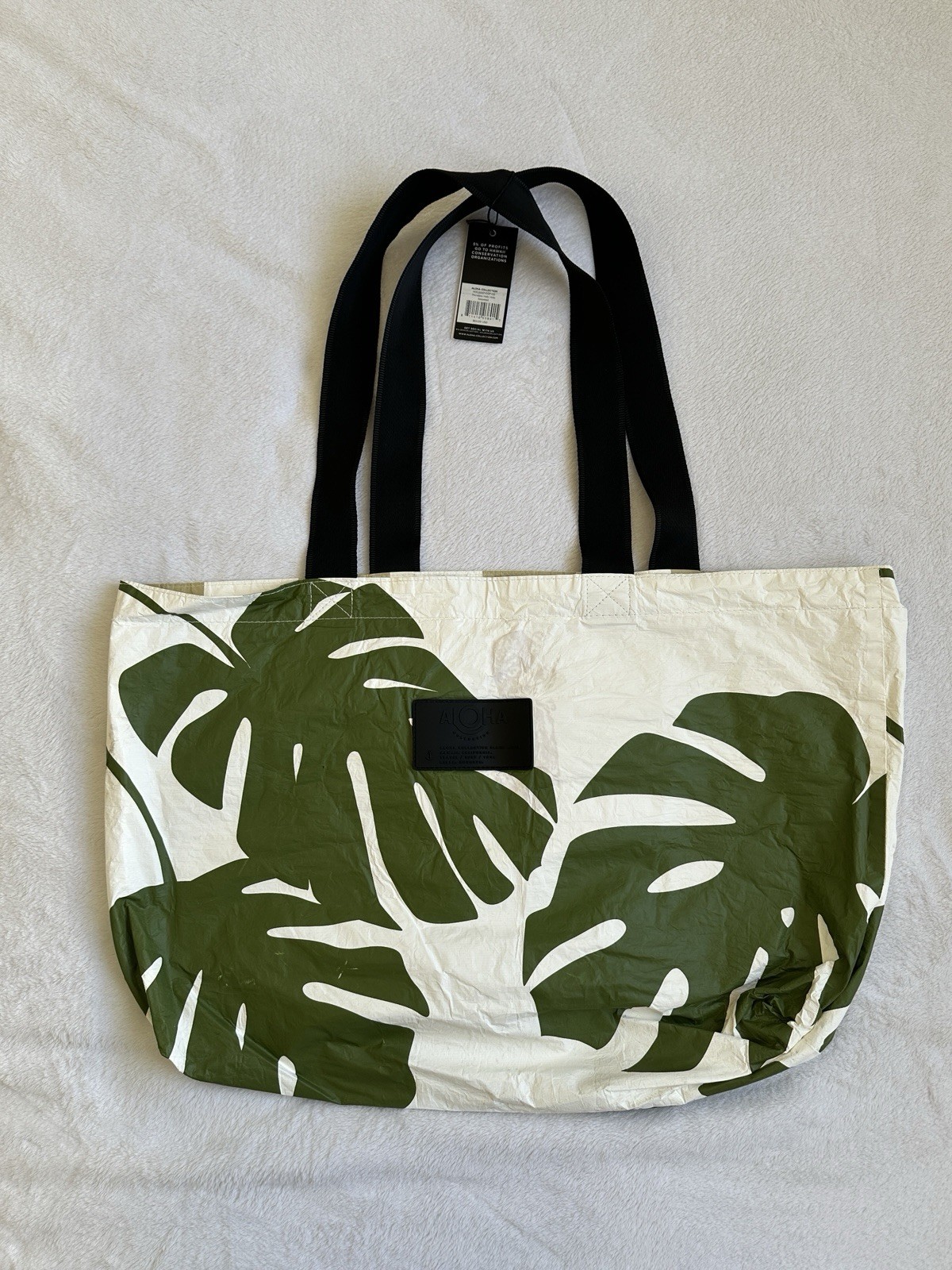 Aloha Collection Monstera Tropical Tote Bag Green White Black w/ Black Straps