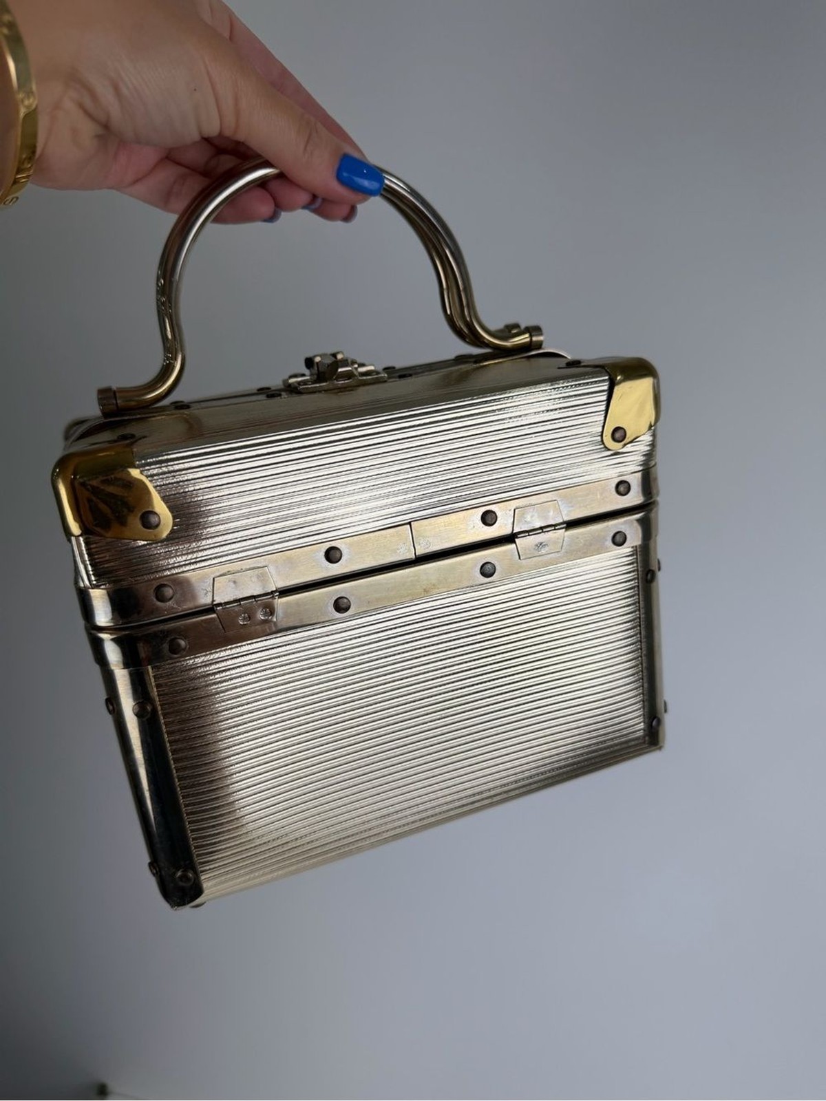 Vintage 1960s Silver & Gold Tone Box Purse Top Handle Structured Handbag