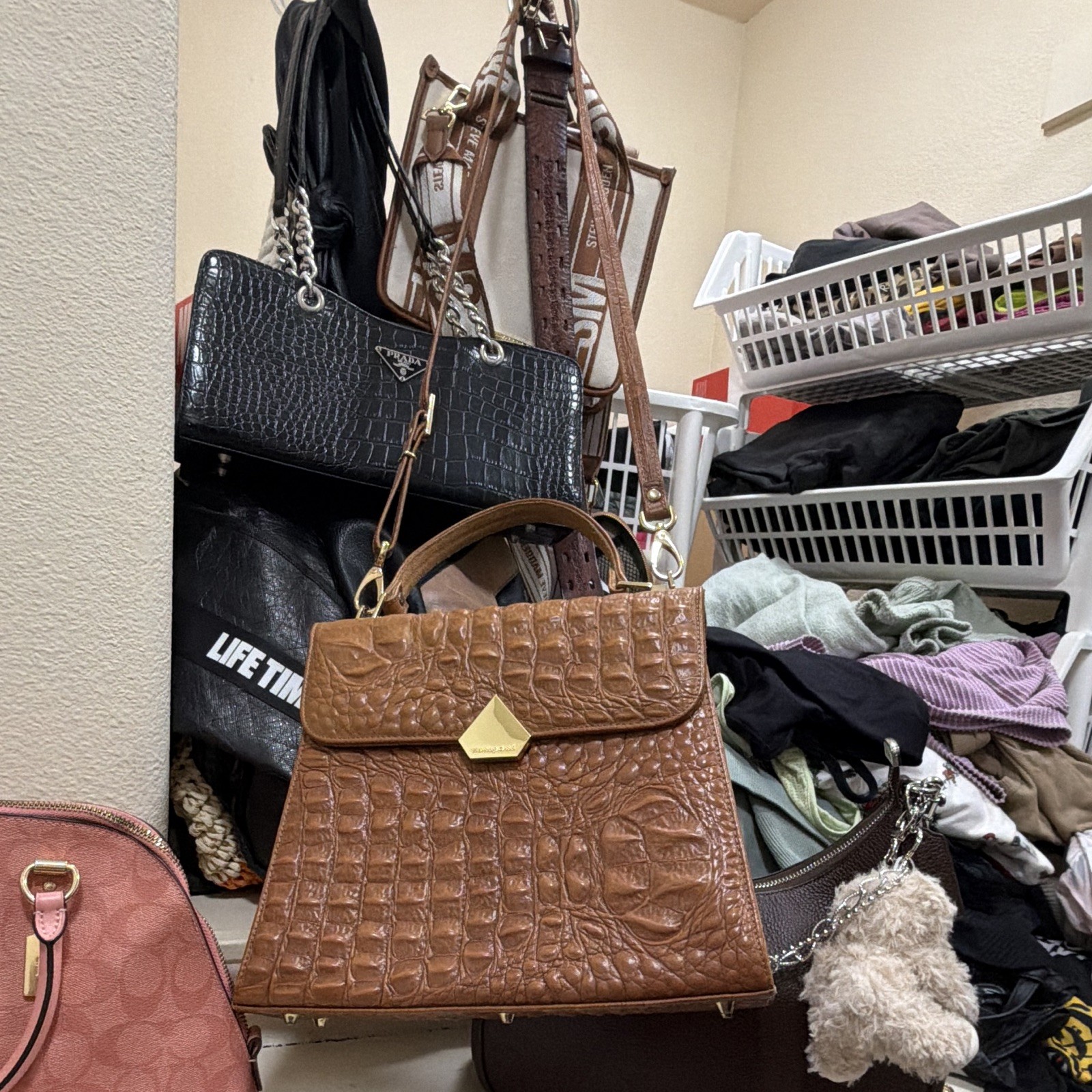 BRAHMIN Brown Croc Embossed Satchel Turn Lock Top Handle, Detachable Strap