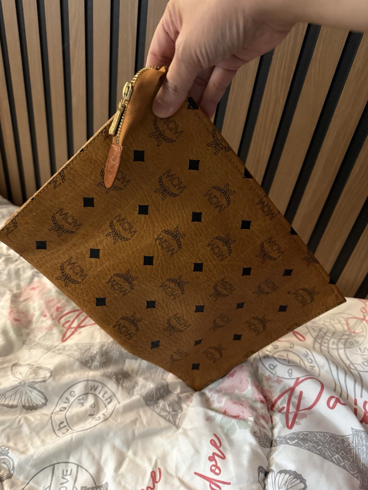 MCM Visetos Brown Monogram Zip Wristlet Clutch Pouch Inner Pockets Gold