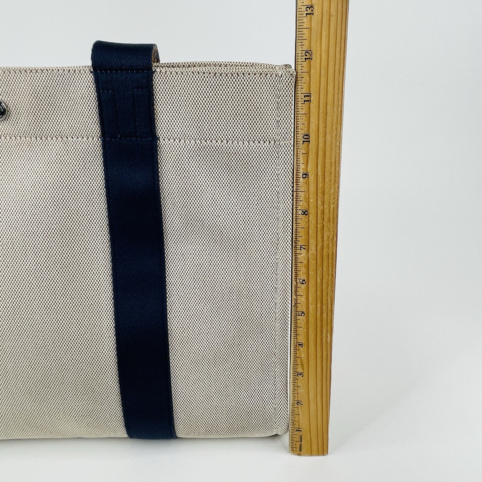 Tory Burch Beige Canvas w/ Navy Blue Grosgrain & Leather Accent Tote Bag 15×11.5