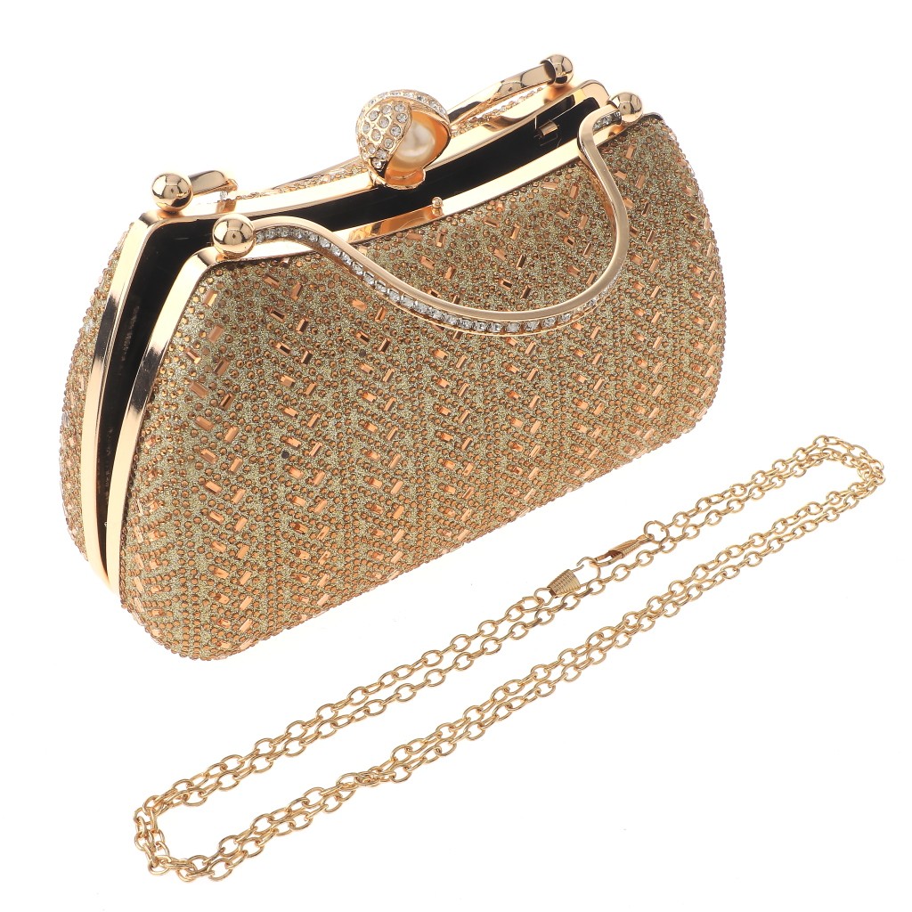 Gold Tone Metal Frame Crystal Rhinestone Fashion Clutch Evening Bag TLX218-GLD