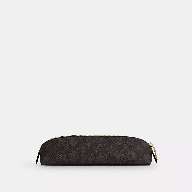 Coach Signature Canvas Brown Pencil Bag Pouch Case Gold-Tone Zipper 8x2x2 in