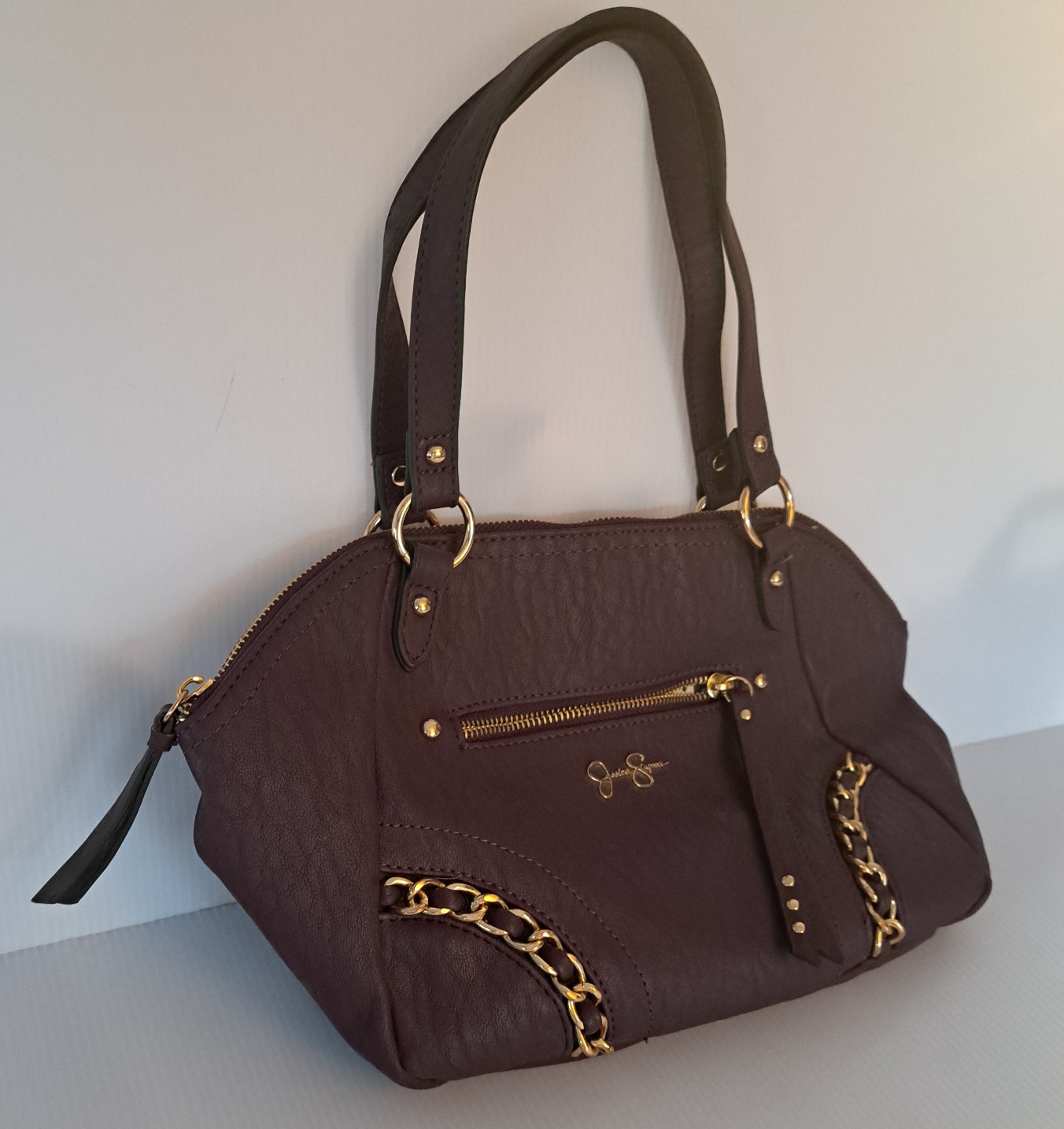 Jessica Simpson Satchel Handbag Maroon Faux Leather Gold Chain Accents Shoulder
