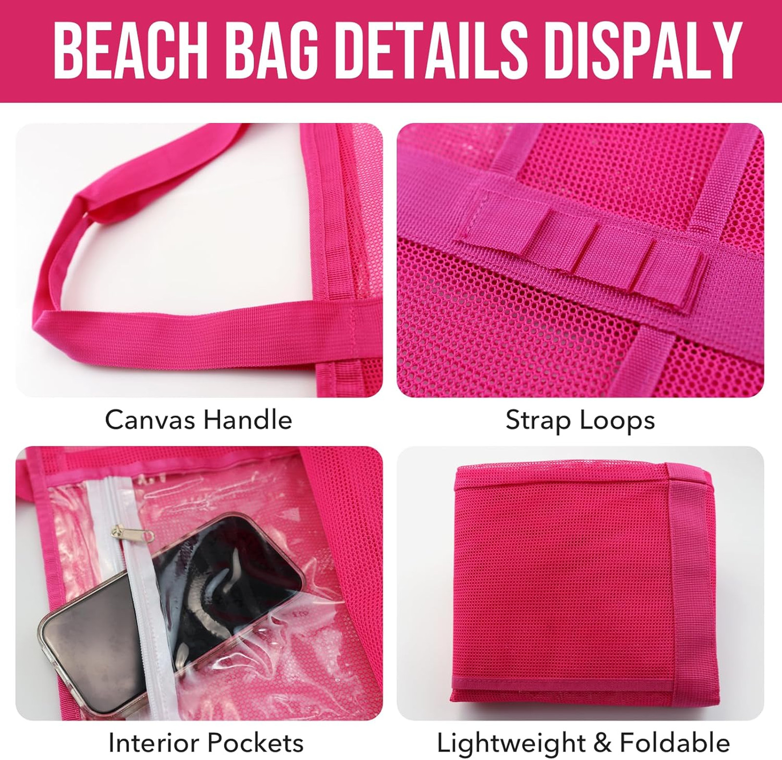 Large Mesh Beach Tote Bag Reinforced Hard Bottom Foldable Summer Vacation Travel