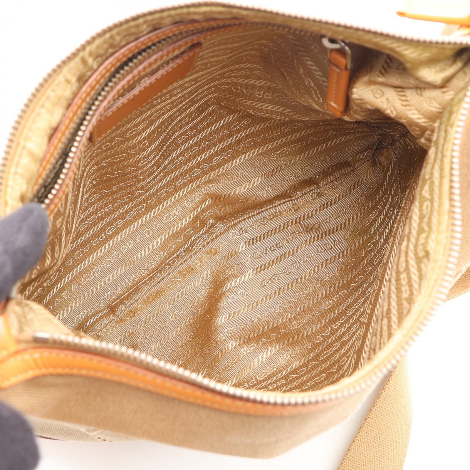 PRADA Logo Jacquard Canvas Shoulder Bag Beige 30cm x 27.5cm Used