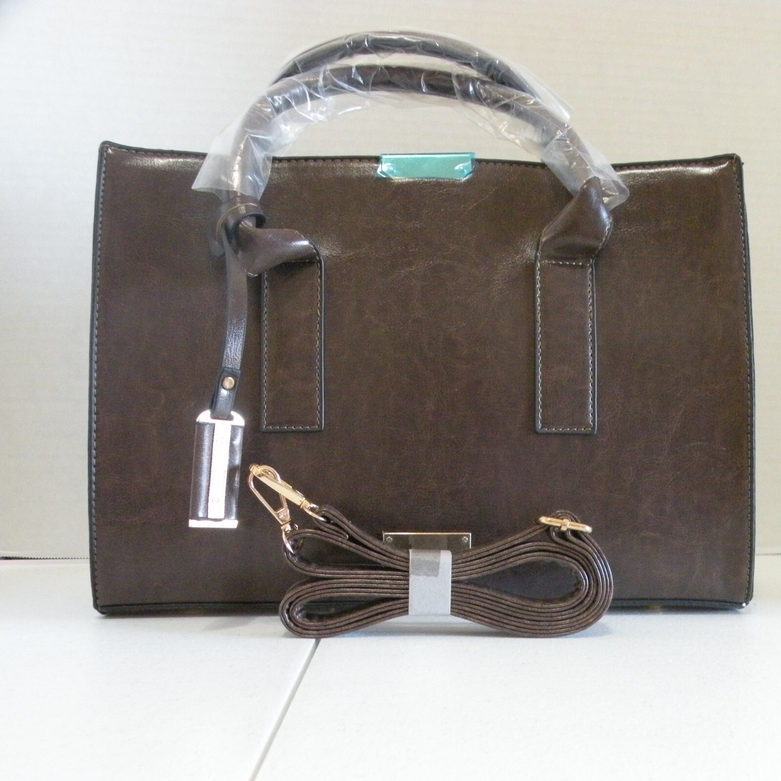 Dark Brown Leather Purse Handbag 13 in x 10 in x 5.5 in With Handles & Strap