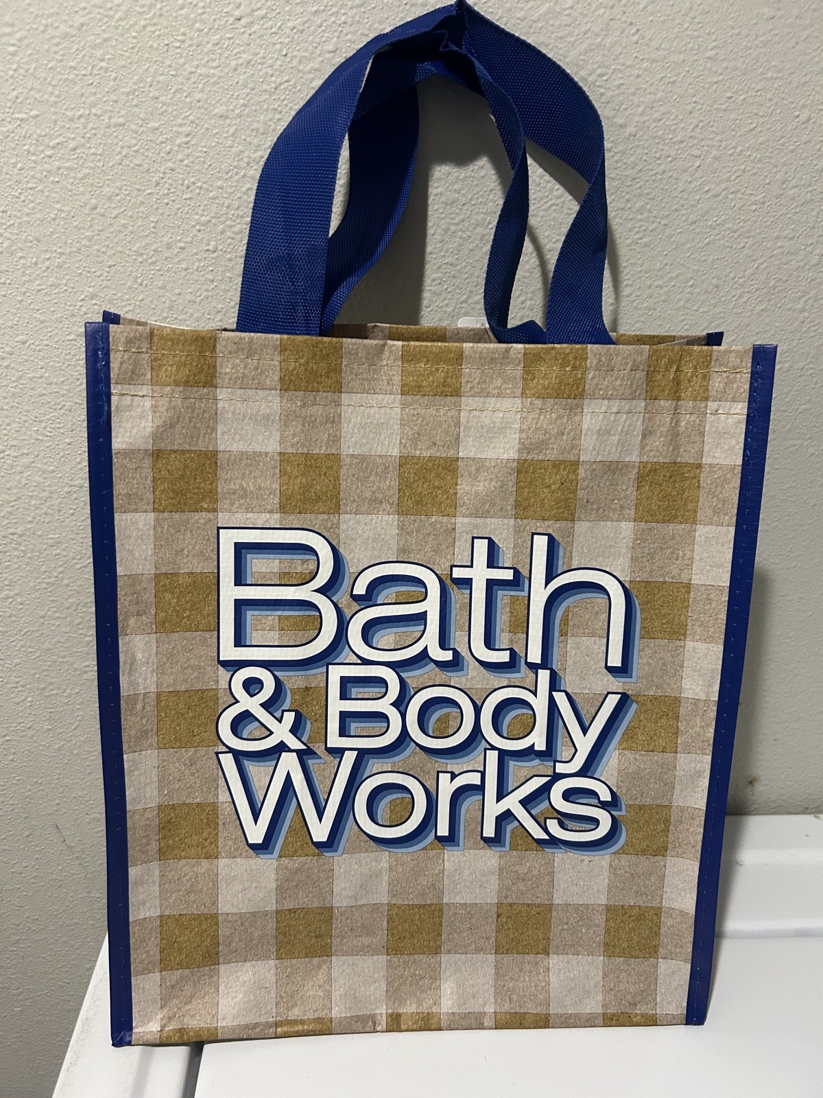 Bath & Body Works Gingham Tote Bag Shopper Blue Brown Large