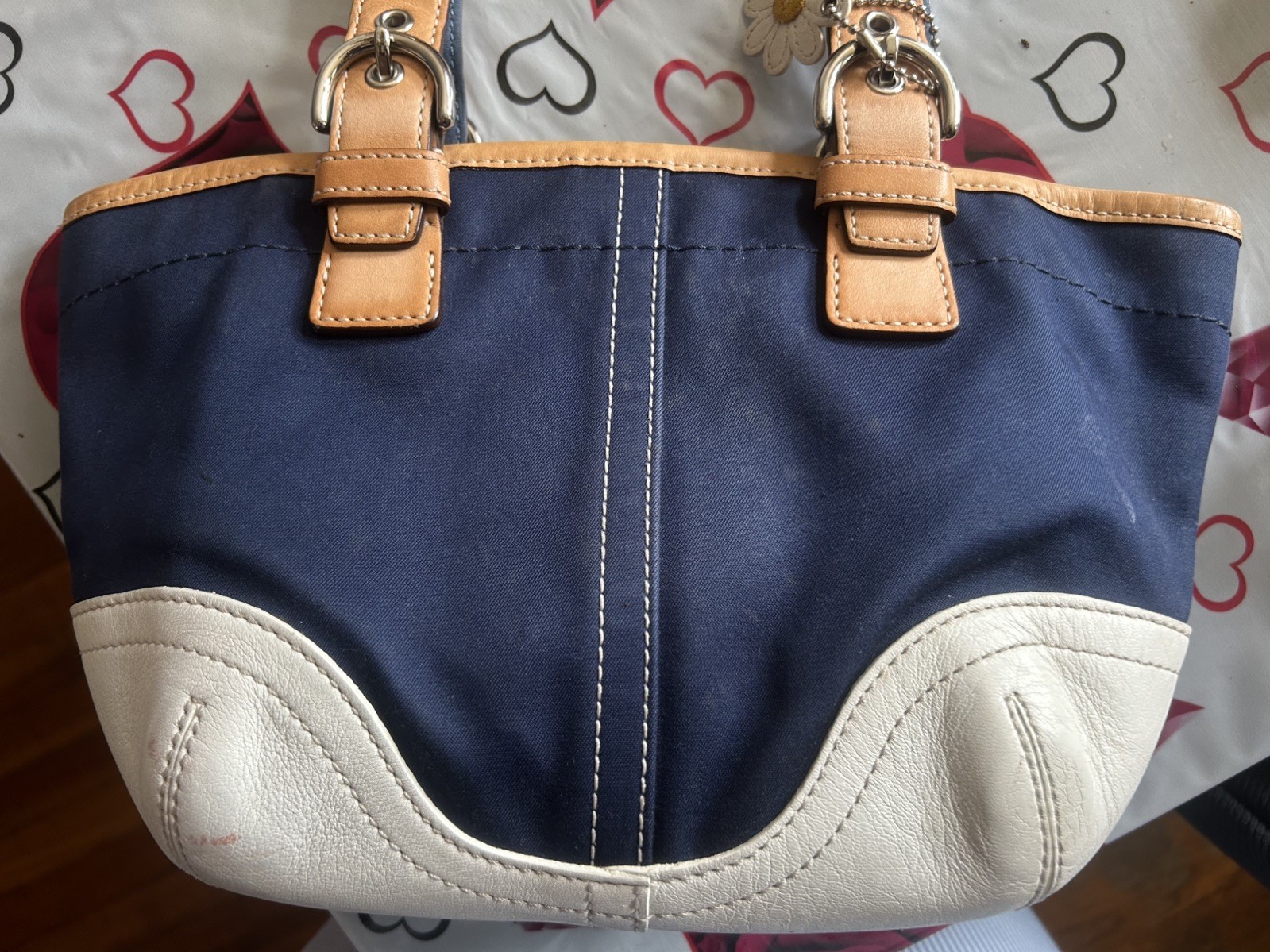 Vintage Authentic Coach bag Navy Blue White Beige Brown Wallet Shoulder Purse