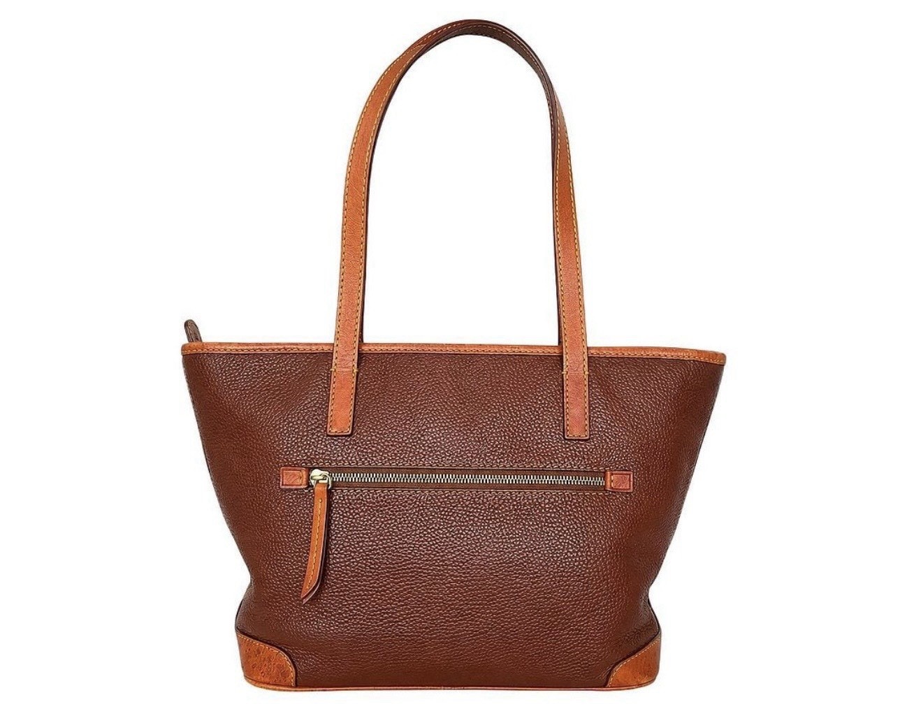 Dooney & Bourke Brown Zip Tote Shoulder Bag Lined Pockets Gold w/ Luggage Tag