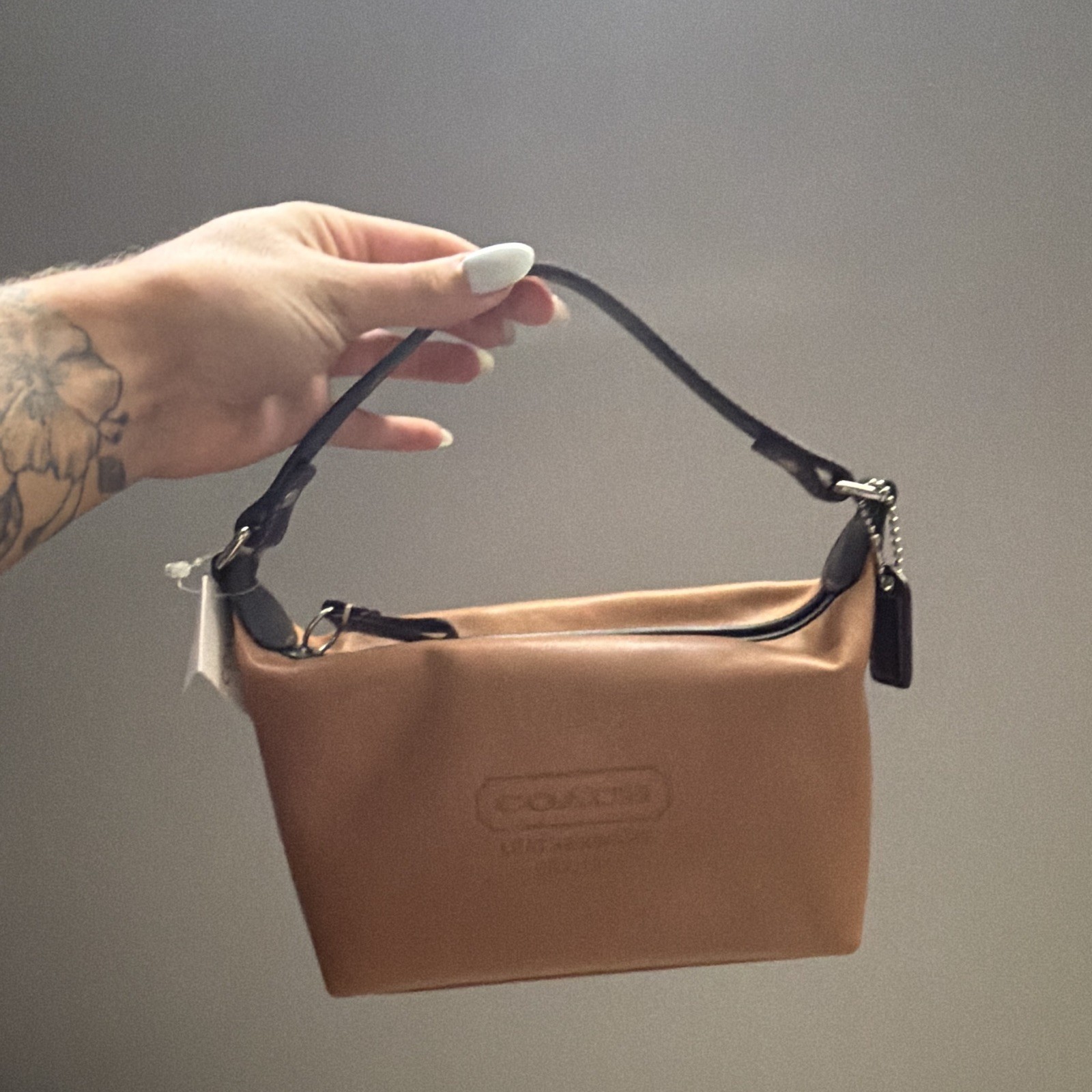 Coach Factory Tan Small Baguette Shoulder Bag Zip Top Dark Brown Strap Silver HW