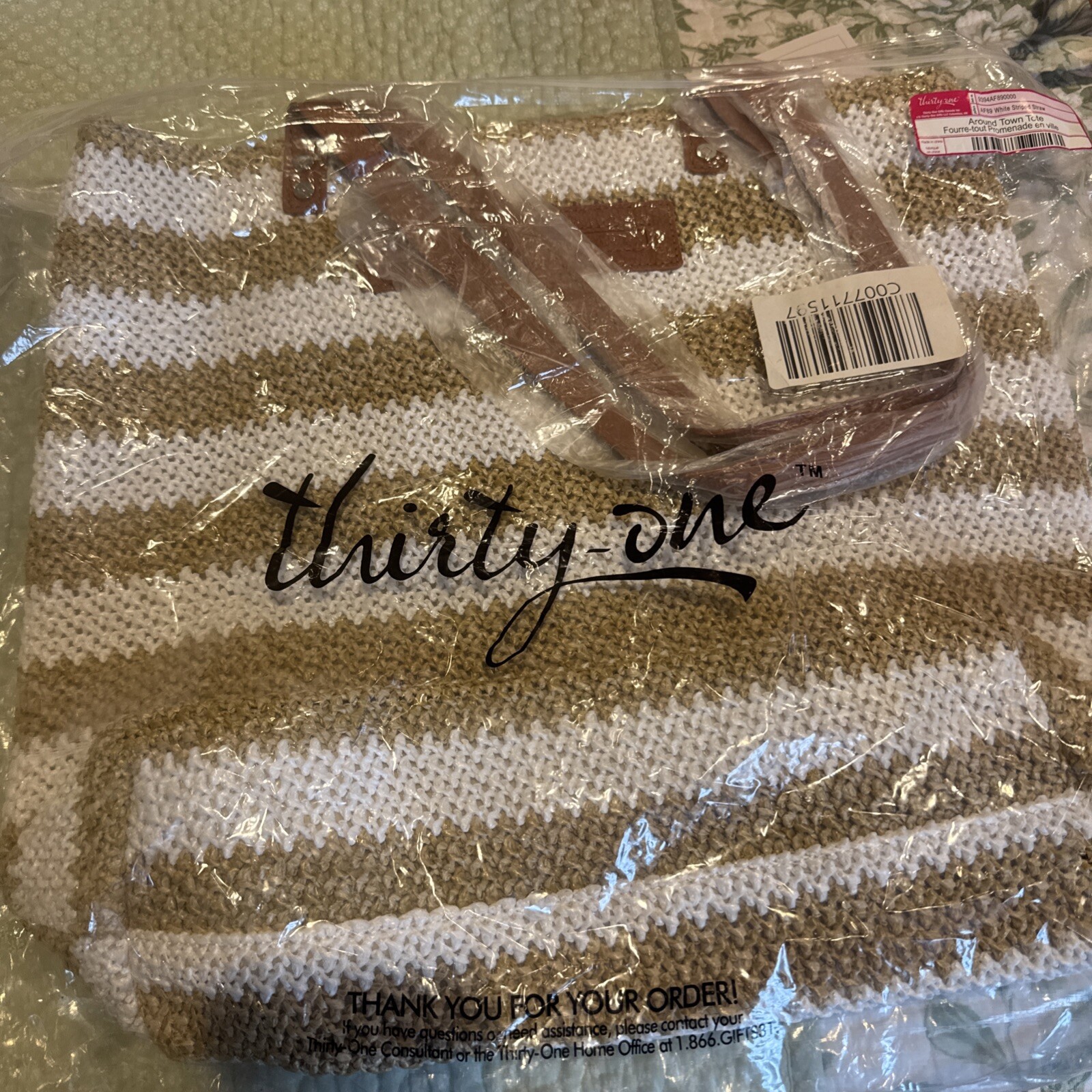 Thirty One – Around Town Tote – White Striped Straw – New in Package