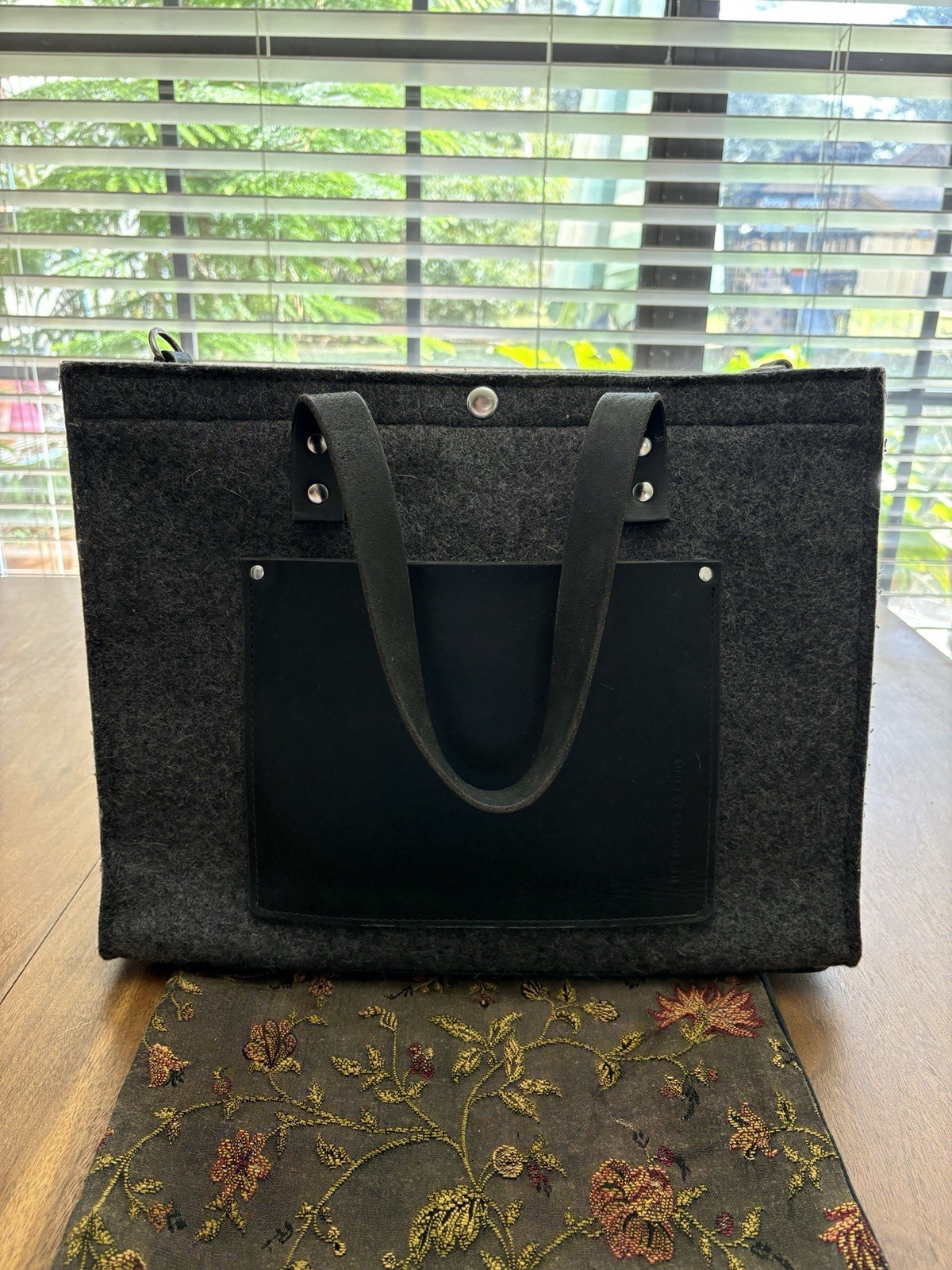 Audrey Modern Teagan Tote Grey Wool Felt Black Leather Bag With Canvas Interior