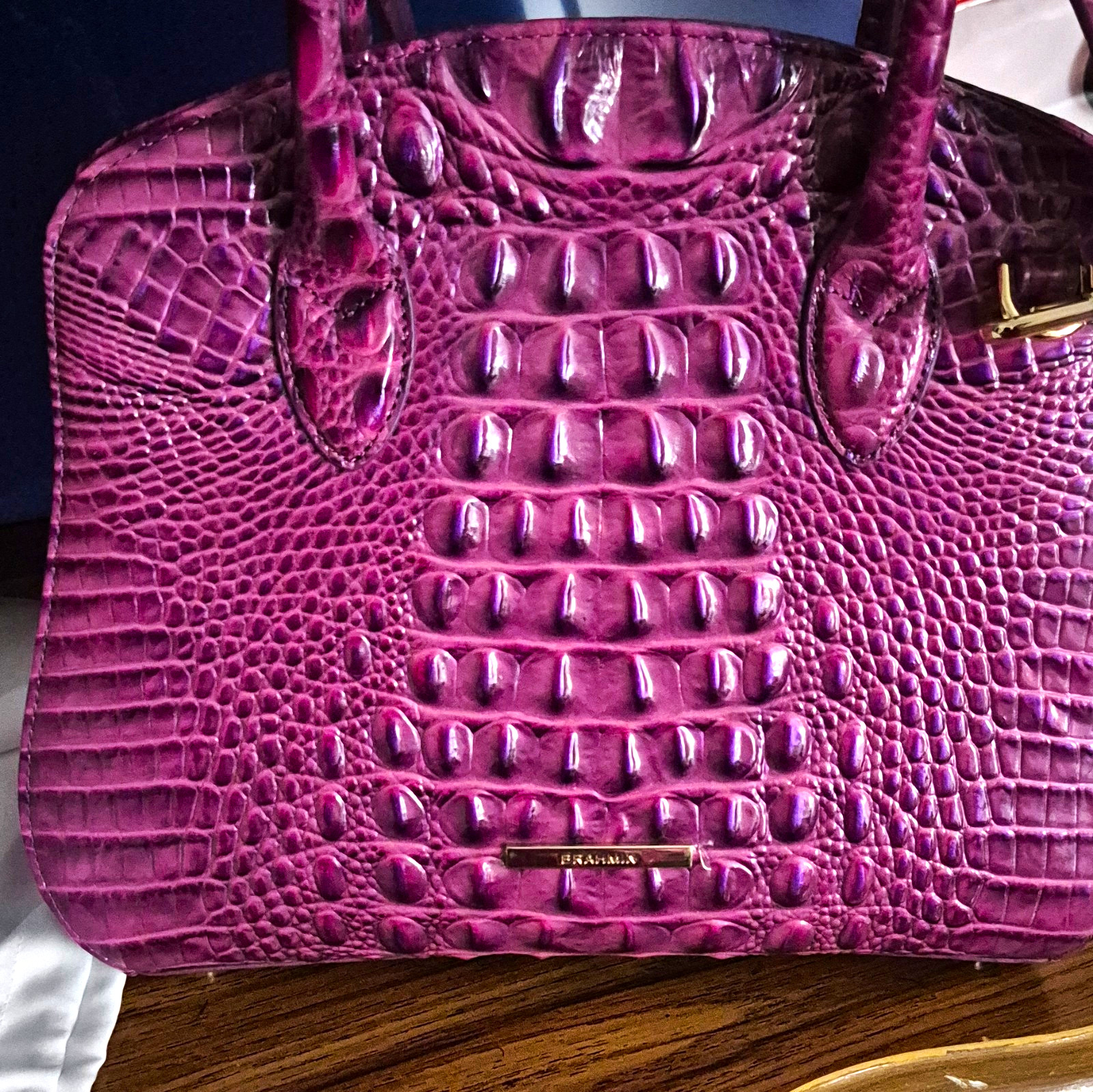 Brahmin Purple Crocodile-Embossed Satchel w/ Strap + Wallet