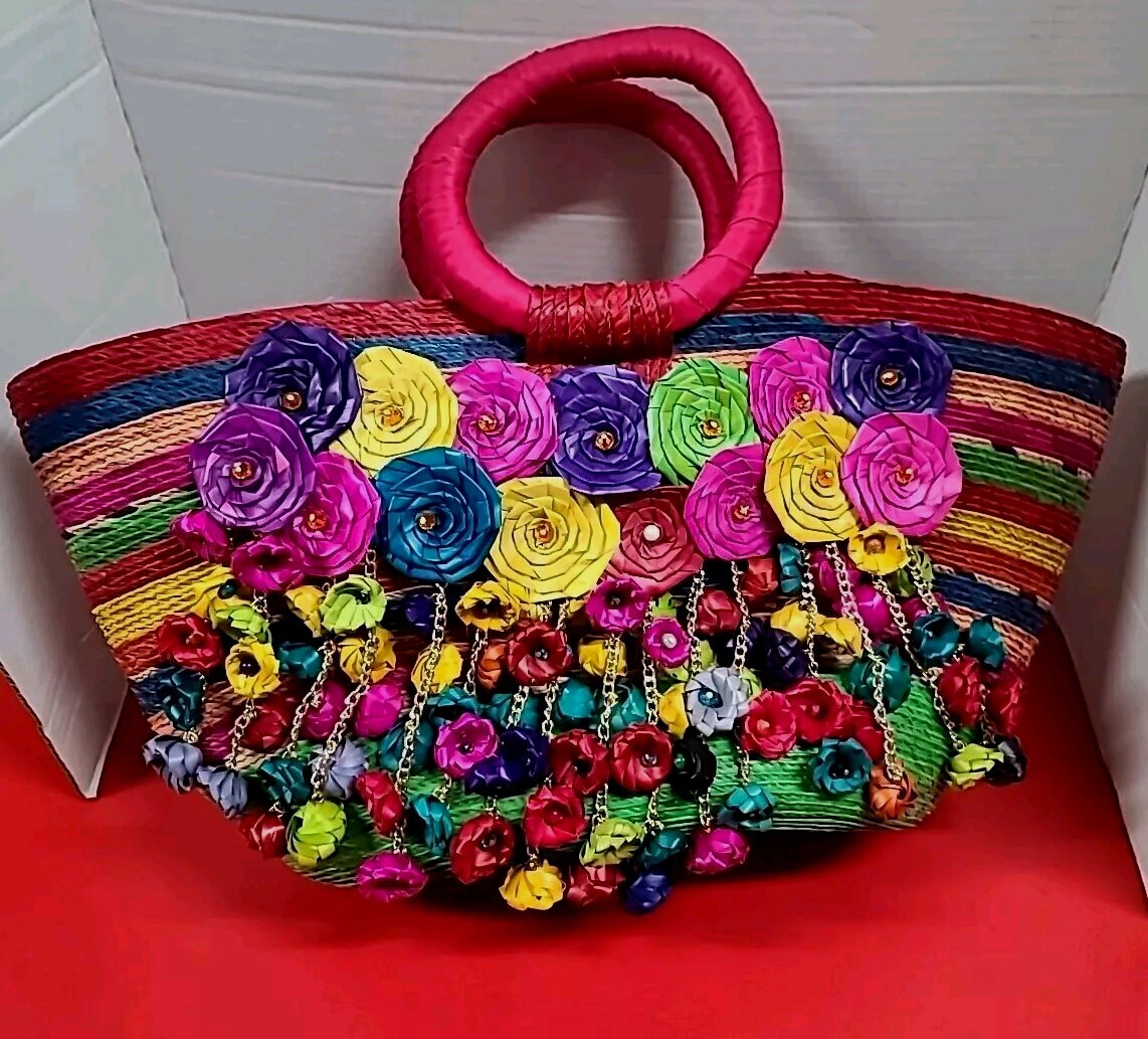 Vintage Tote Bag Straw Flowers Bolsa De Palma Hand Made Big Colorful 20×10×6″
