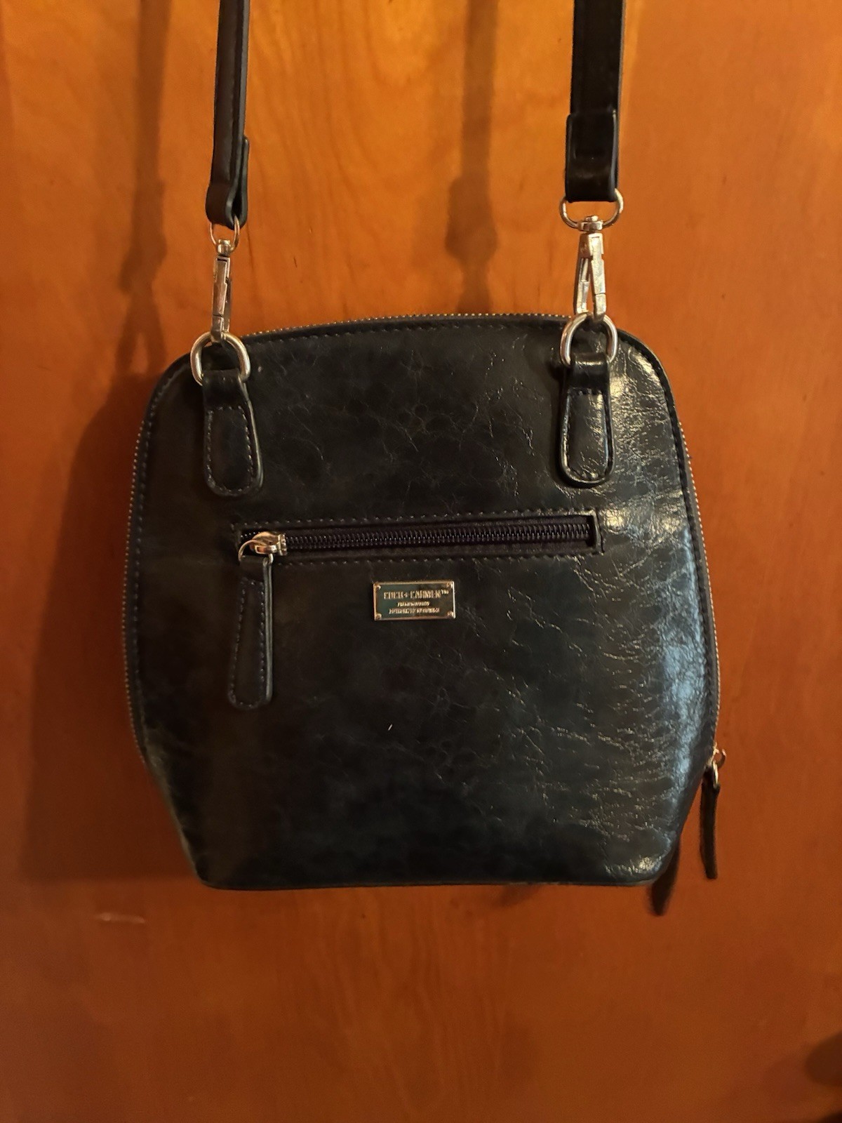 COCO + CARMEN Black Shoulder Bag Adjustable Strap Zipper Metal Logo Plate