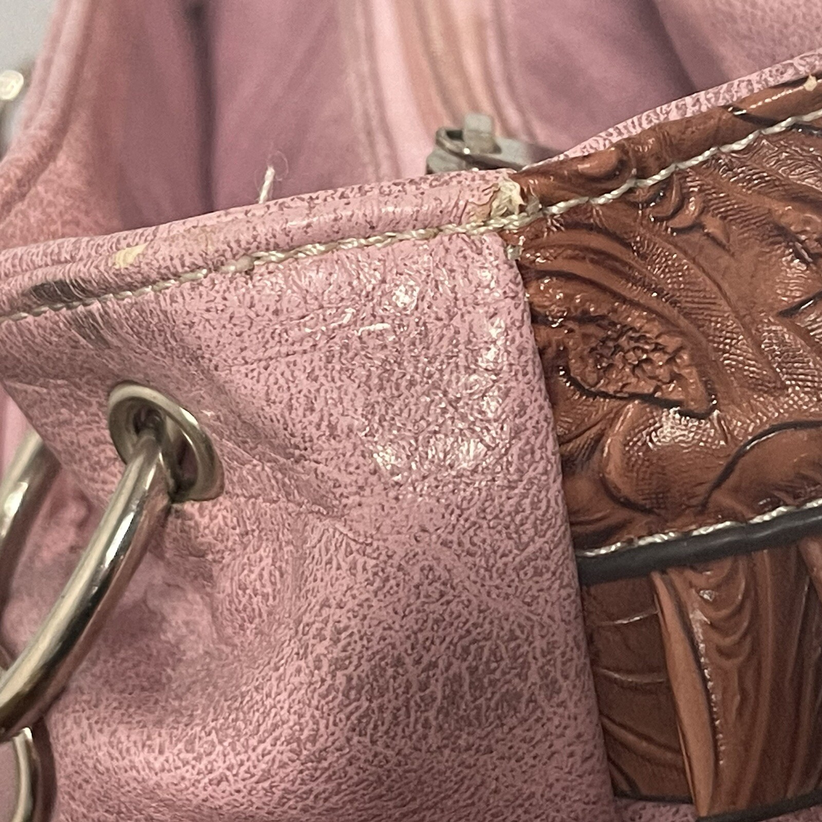 Faux Leather Pink Shoulder Purse Wallet Studded Cross Embossed Ruffle Country