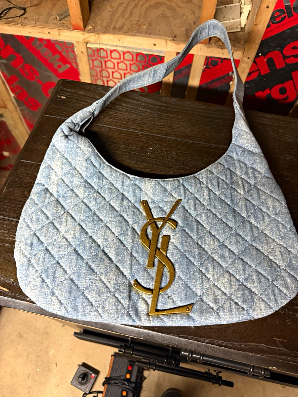 Saint Laurent Quilted Blue Crescent Shoulder Bag Gold Logo