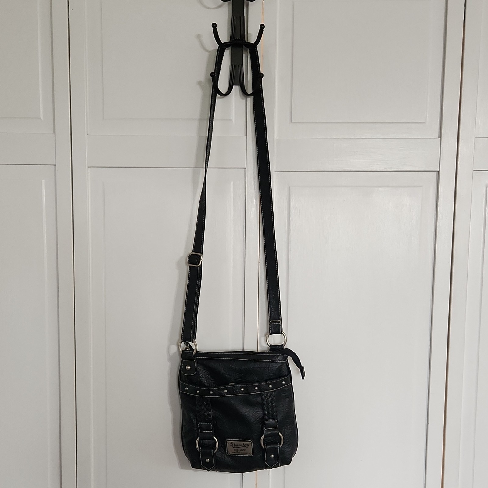 VTG Y2K Unionbay Black Faux Leather Crossbody Bag Studded Braided Excellent
