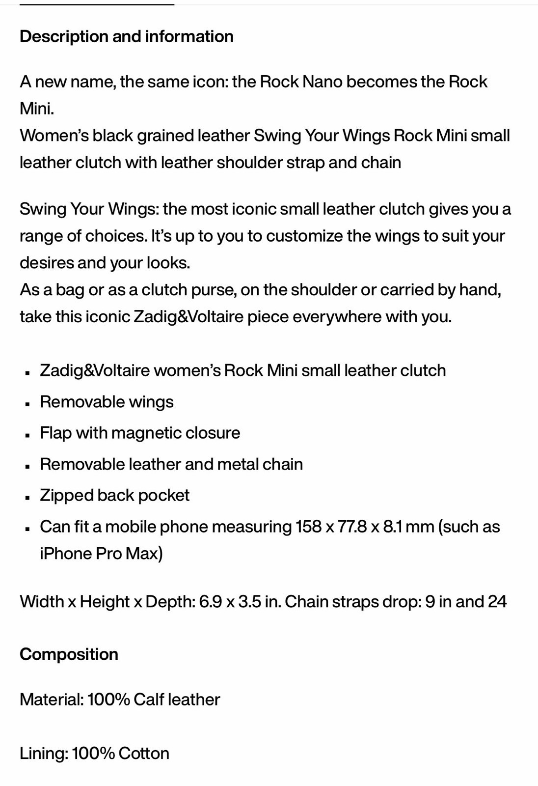 Zadig & Voltaire Rock Nano Swing Your Wings Black Grained Crossbody Bag