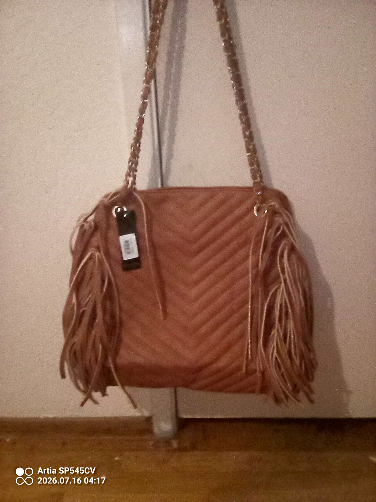 Rebecca Ritka- Women’s Brown Quilted Fringe Crossbody Bag, Gold Chain Strap,