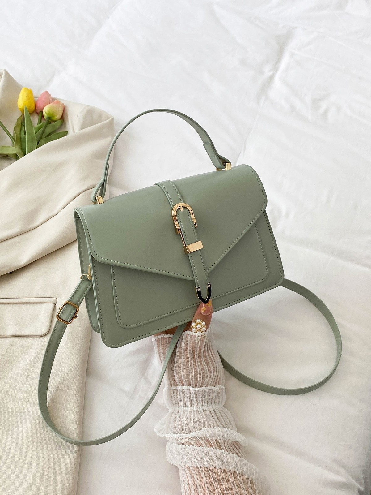 Business Casual Flap Square Bag Women Buckle Crossbody Shoulder Purse Travel